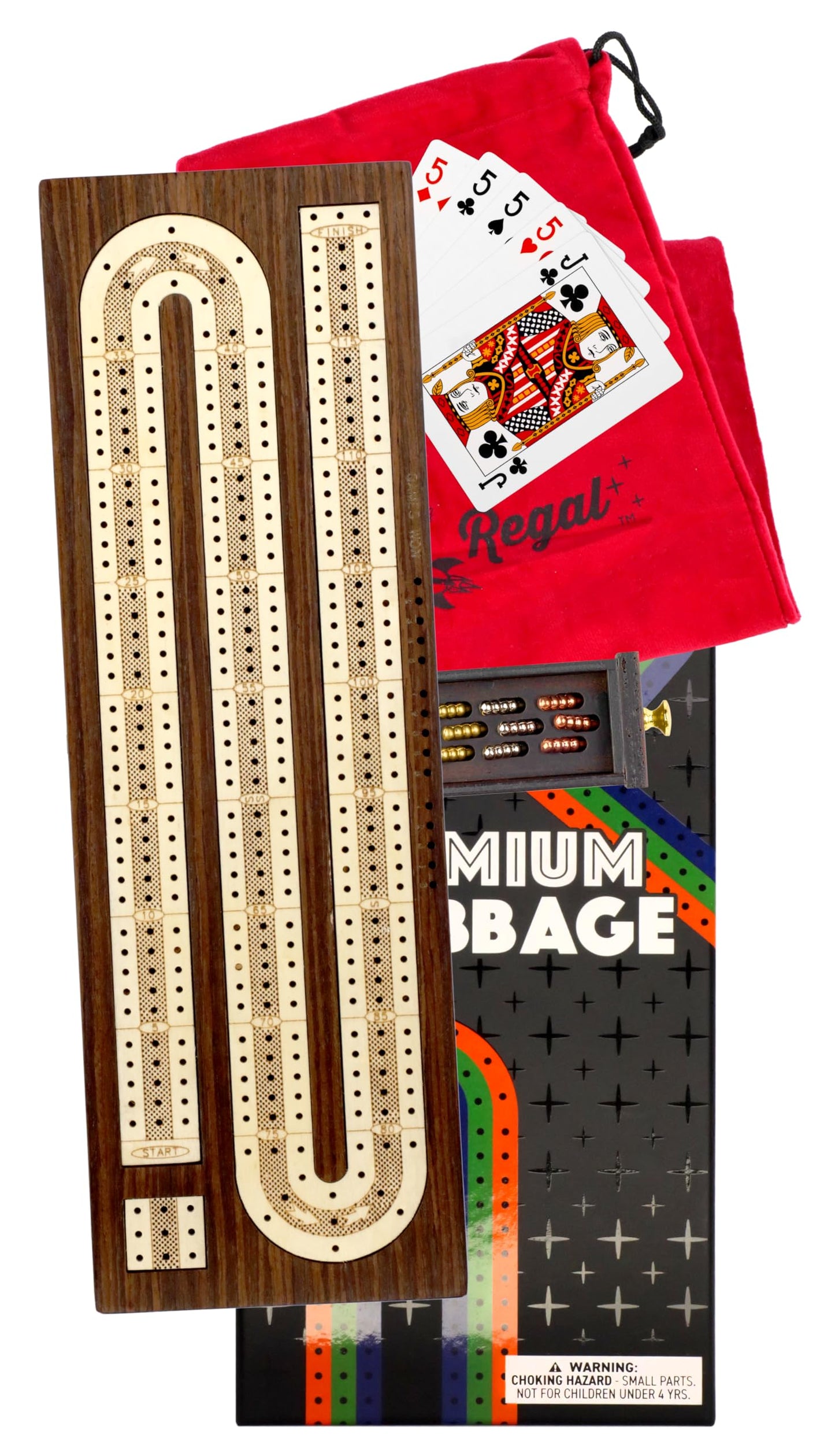 Regal Games Cribbage Board Game Set with Card Storage, Wooden Board & 9 Metal Pegs - Unique Luxury Classic Board Games - Ideal for 2-4 Person