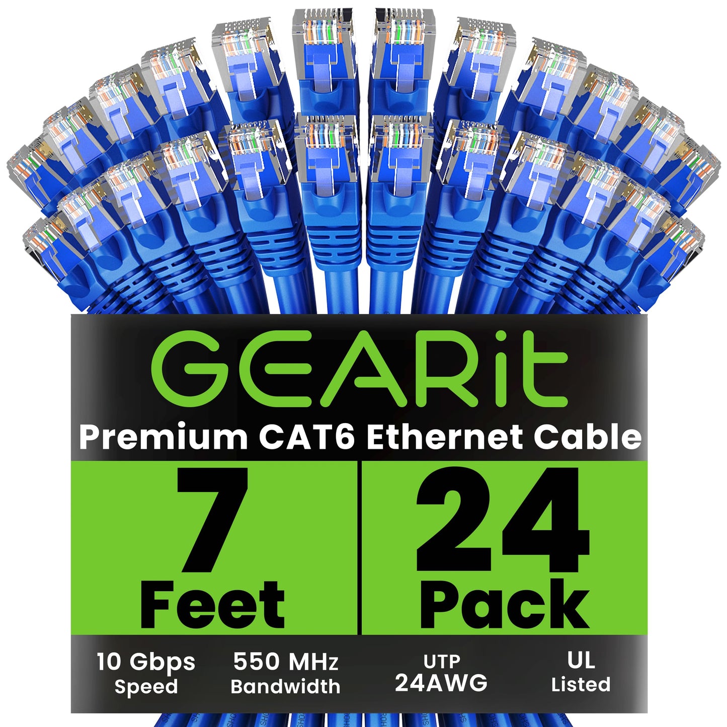 GEARit Cat 6 Ethernet Cable (24-Pack 7 Feet) Cat6 Network Patch, 10Gbps, RJ45, Snagless Cord, Gold-Plated Connectors, Internet for PC, TV, Tablet, Router, Printer, Servers, IT Data Center - Blue
