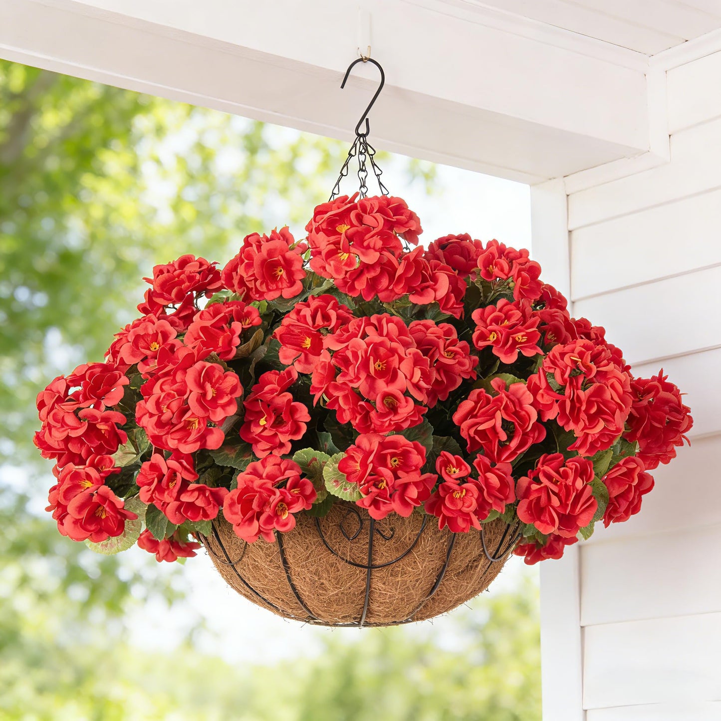 INSPRING Geraniums Artificial Flowers Hanging Basket for Outdoors Outside Spring Decoration, 8 Bundles Silk Flowers Fake Plants Look Real UV Resistant for Porch Home Patio Balcony Yard, Red