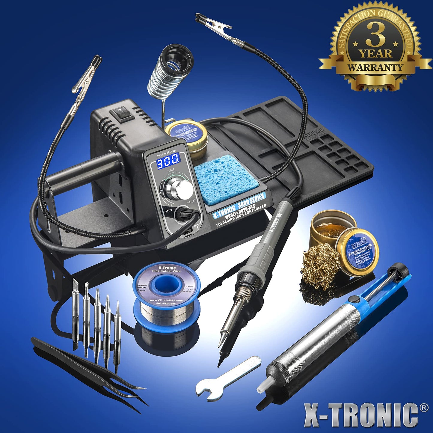 The Original X-Tronic 3020-XTS • 75W Soldering Iron Station Kit • 2 Helping Hands • 5 Extra Tips • Roll of Solder • Brass Sponge & Flux • Tweezers • Solder Sucker • °C/°F Toggle & Sleep Features!