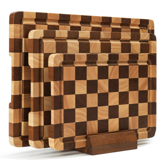 Checkered Cutting Board Set, 3-Piece Wood Checkerboard Cutting Boards for Kitchen with Stand, Chopping Board Set with Juice Groove & Handle for Meat, Vegetables, Cheese & Serving