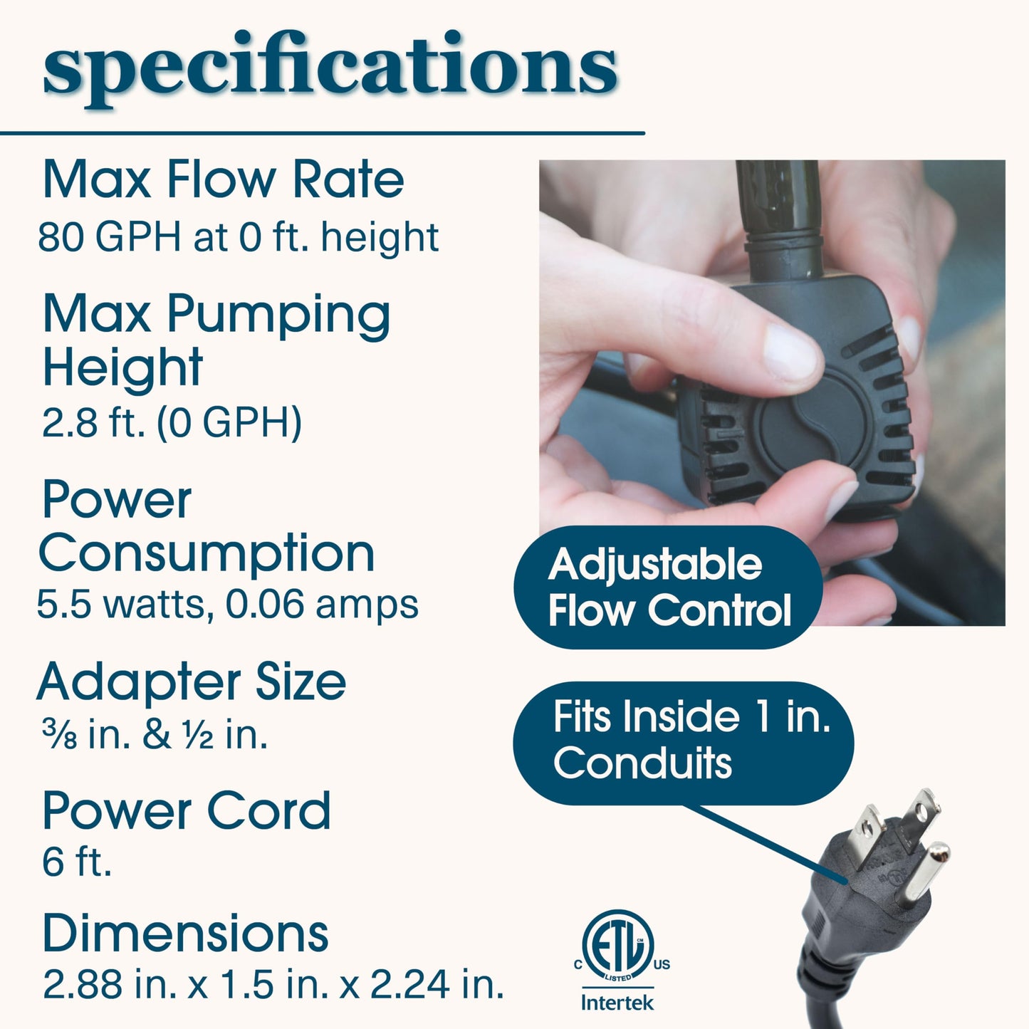 smartpond 155 GPH Fountain Pump with Low-Water Shut-off Feature, Auto Shut-Off to Prevent Pump Burnout, 3 ft. Pumping Height, Ideal for Small Fountains, Great for Hydroponics