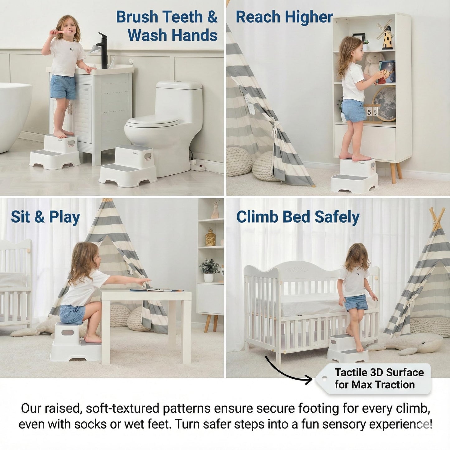2-Pack Step Stool for Kids – Non-Slip Toddler Step Stool for Bathroom Sink & Potty Training – Heavy Duty 200 lbs, Includes Faucet Extender & Duck Bath Toys (Gray White)