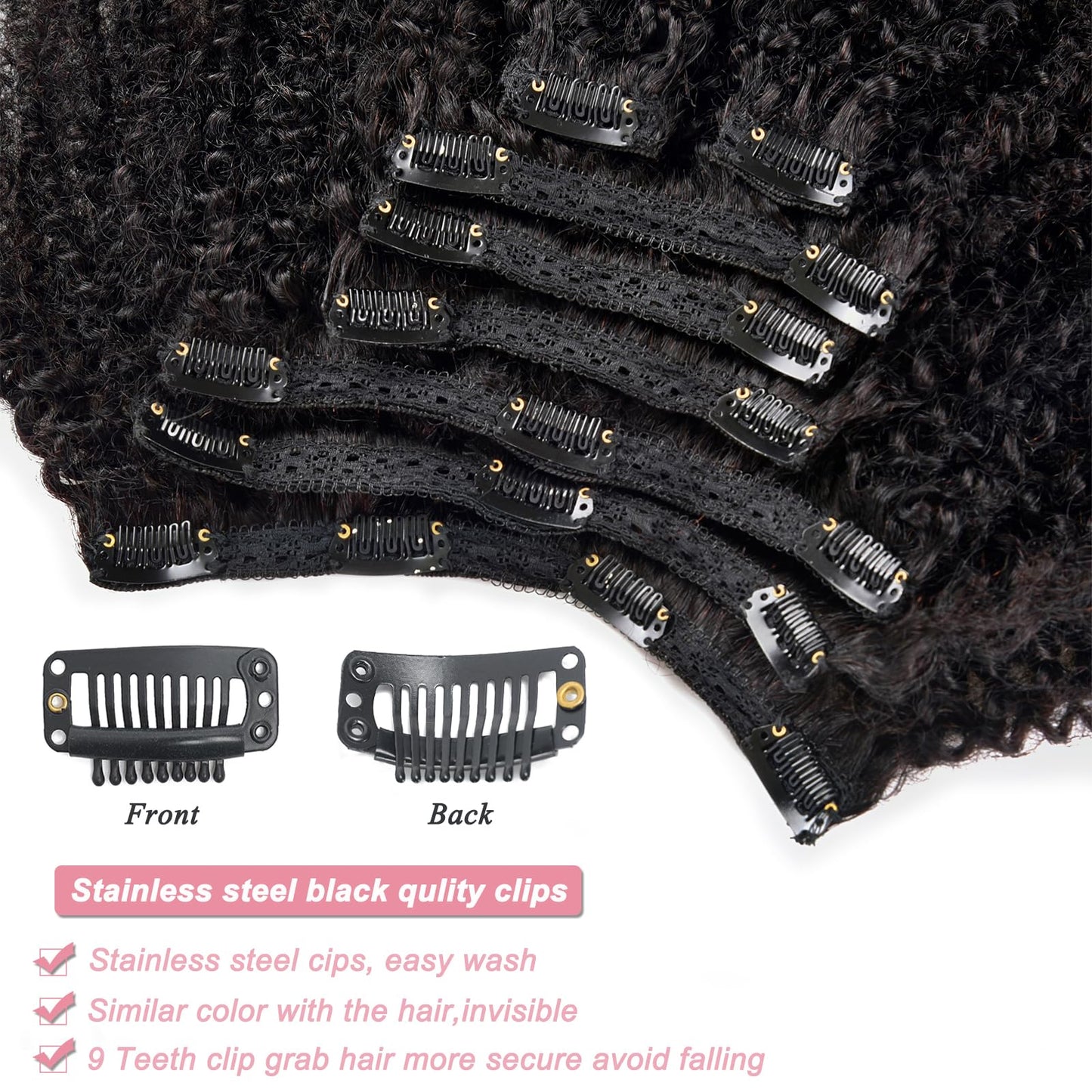 Afro Kinky Curly Clip in Hair Extensions Real Human Hair(12 Inch)8Pcs with 18 Clips 120g/set 10A Brazilian Remy Hair,4B 4C Kinky Curly Clip Ins for Black Women Natural Color