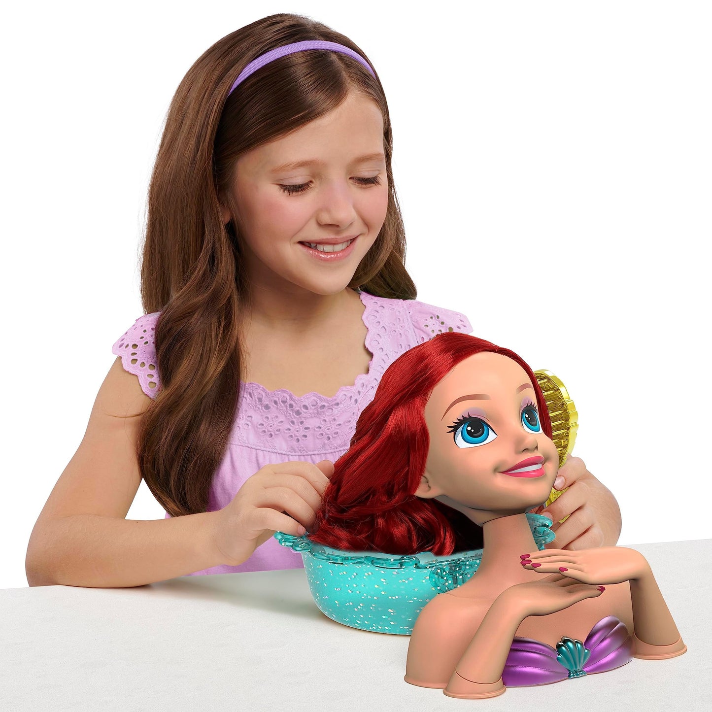 Disney Princess Shimmer Spa Ariel 8-inch Styling Head, 20-Pieces, Red Hair, Pretend Play