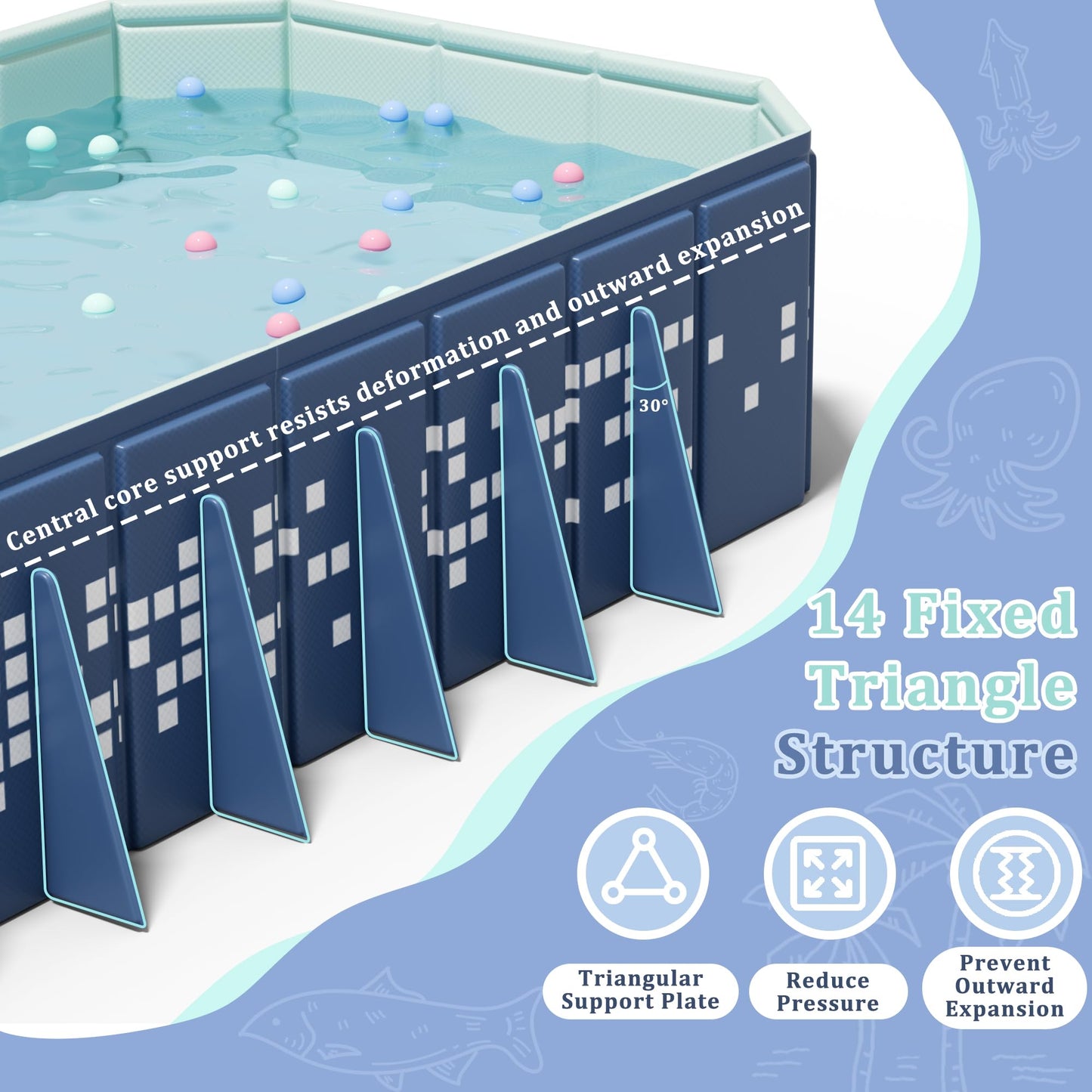 102" Large Non-Inflatable Swimming Pool for Family,Foldable Pools with 14 Triangle Bracket,Hard Plastic Shell Adult Collapsible Pool,Portable Folding Kids Pools for Backyard102*65 * 20in (Blue Star)