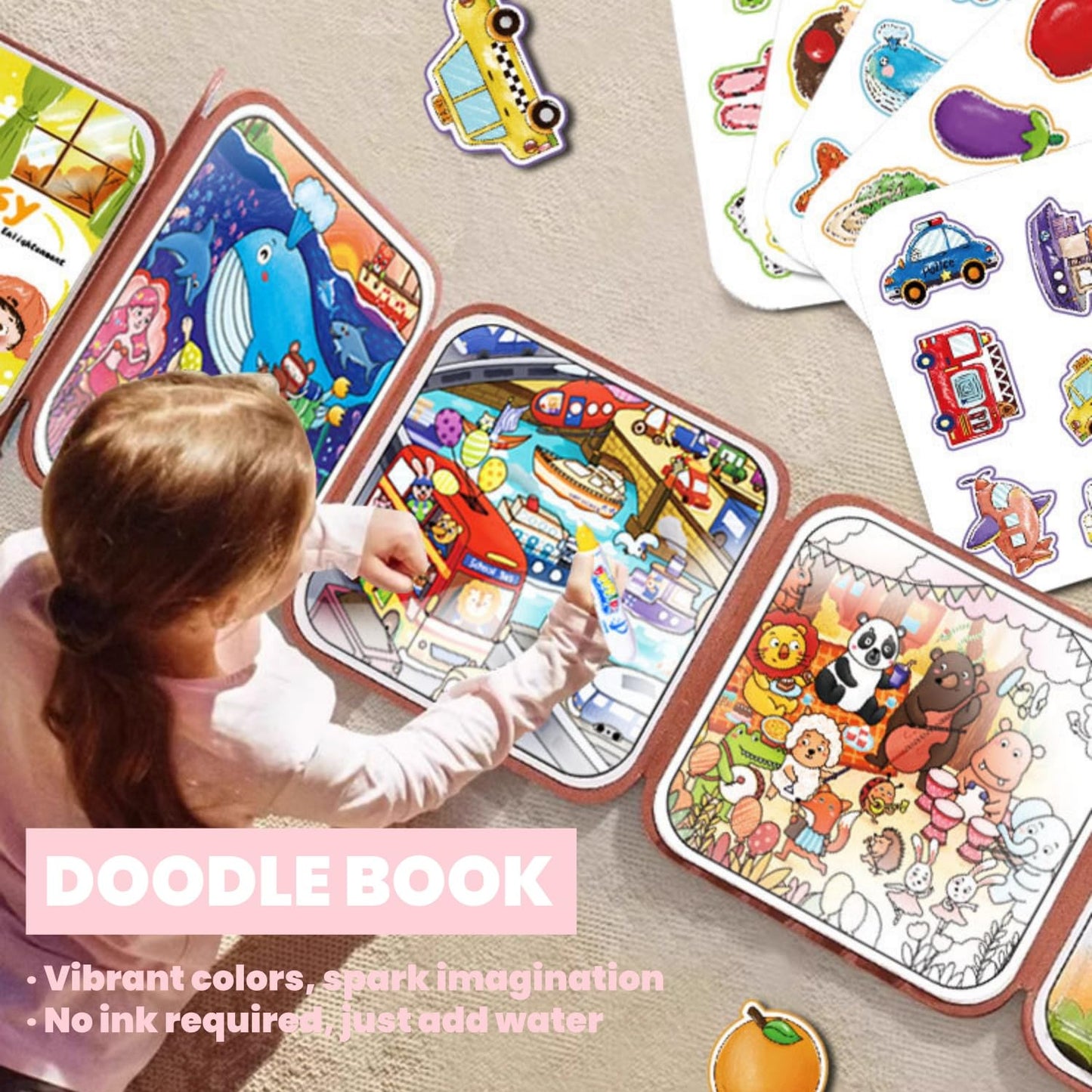 FZRMU Toddler Reusable Water Doodle & Sticker Busy Book Set, 3 Pack (2 Water Painting Books + 1 Preschool Activity Book) with Pens & Cards, Mess-Free Educational Learning Toys for Kids Ages 3+