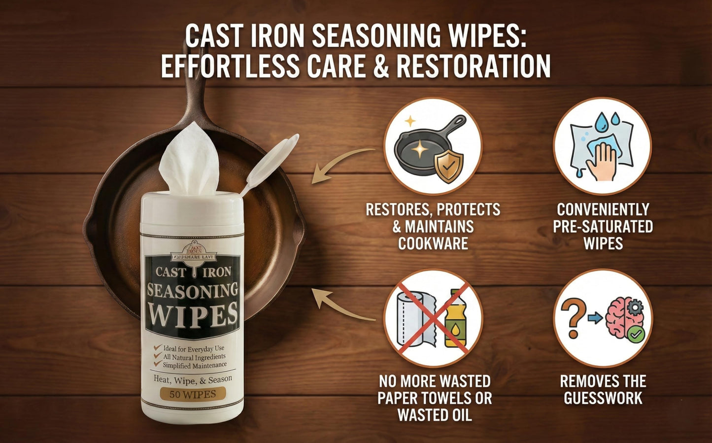 Cookware Care Cast Iron Seasoning & Cleaning Oil Wipes – Seasons, Cleans & Conditions Cast Iron Skillet, Carbon Steel & Blackstone Griddle | 50 Wipes, Made in USA with Grapeseed Oil (1 Pack)
