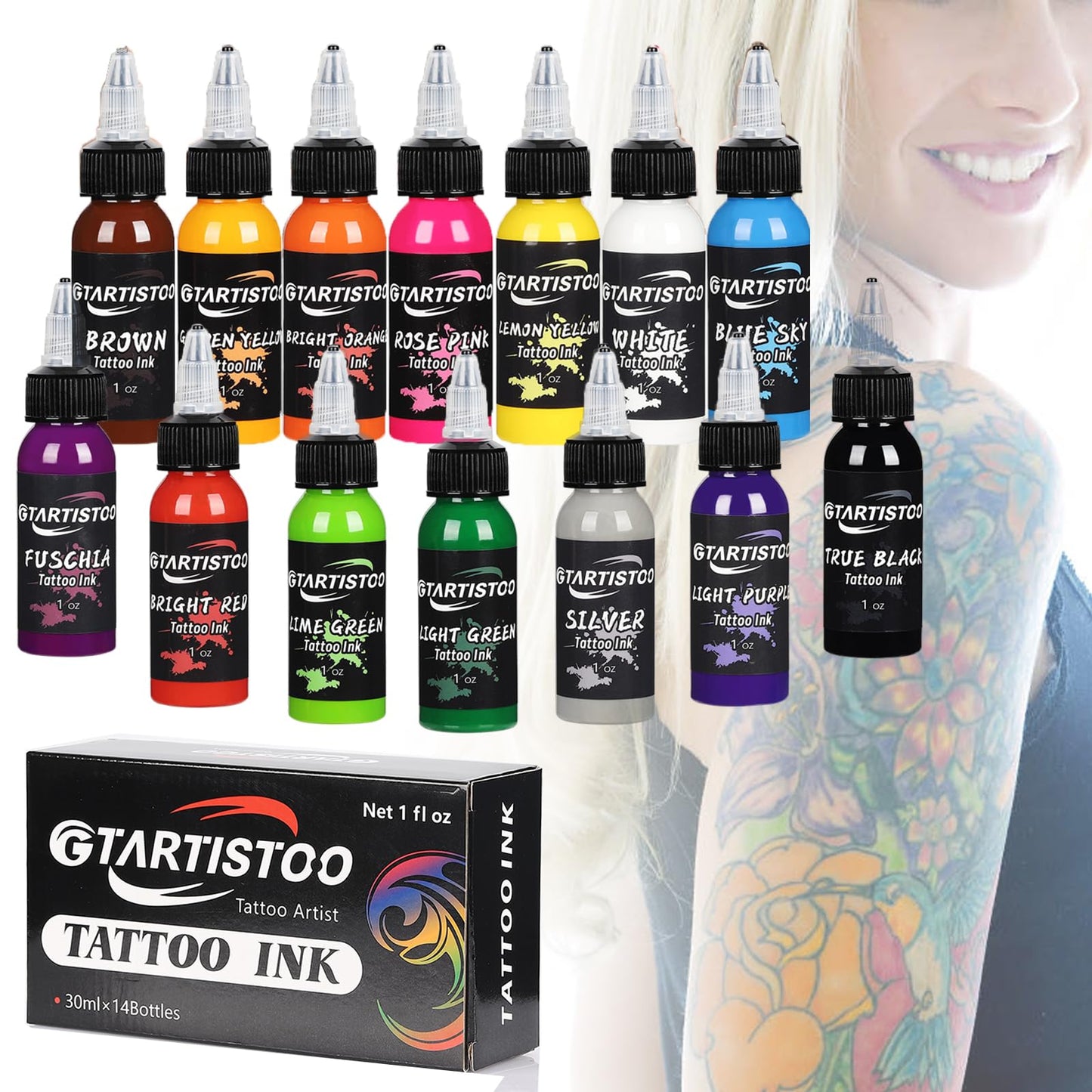 GTARTISTOO Ink Professional 14 Colors 1oz (14 Colors 30ml) Vegan-Friendly Pigment Ink Supplies Ink
