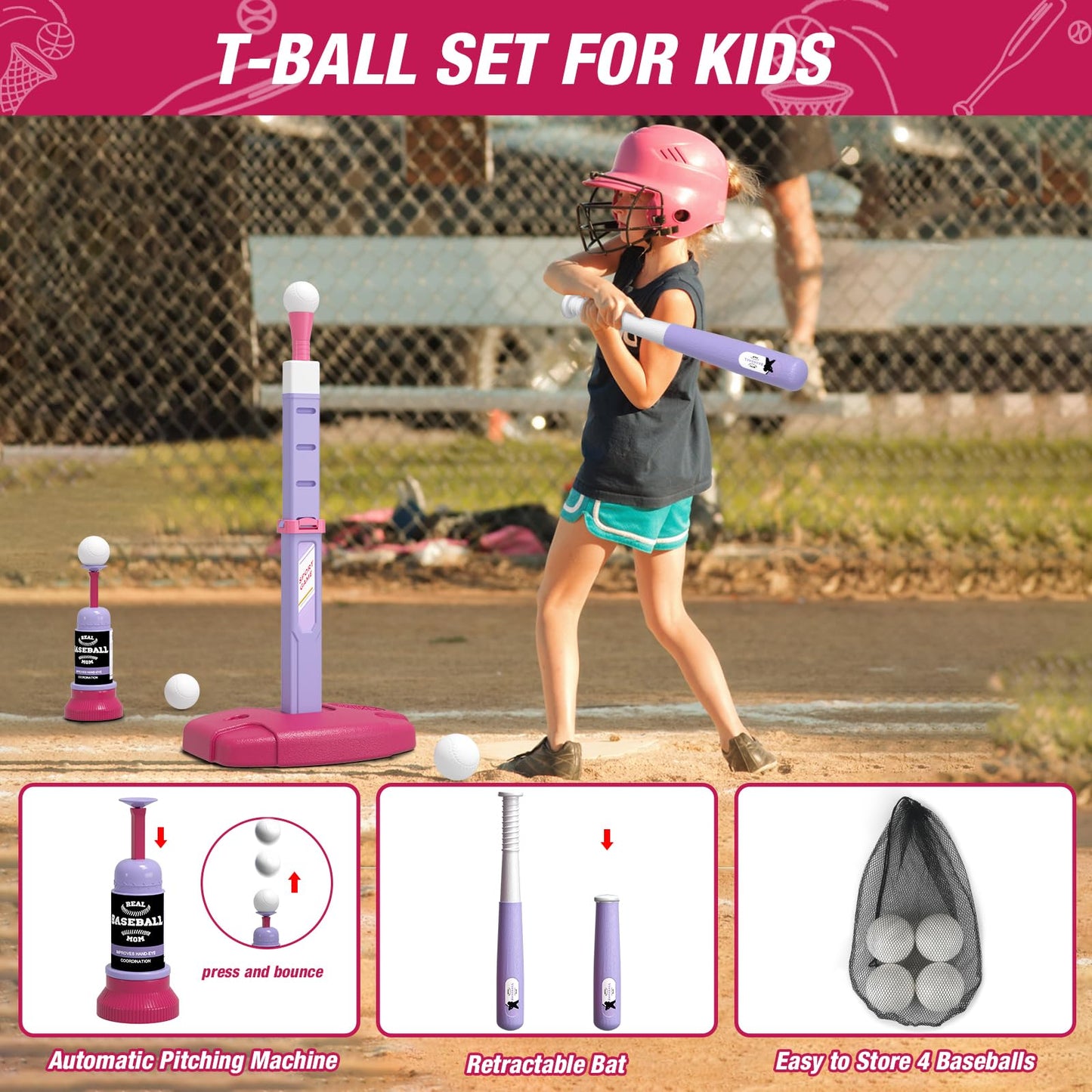 Wee Wonders 2 in 1 Toddler Basketball Hoop and T Ball Set with Automatic Pitching Machine - Adjustable Height, Kids Basketball Hoop Suit for Indoor/Outdoor, Sport Toys Gifts for Girls Age 3-8, Pink