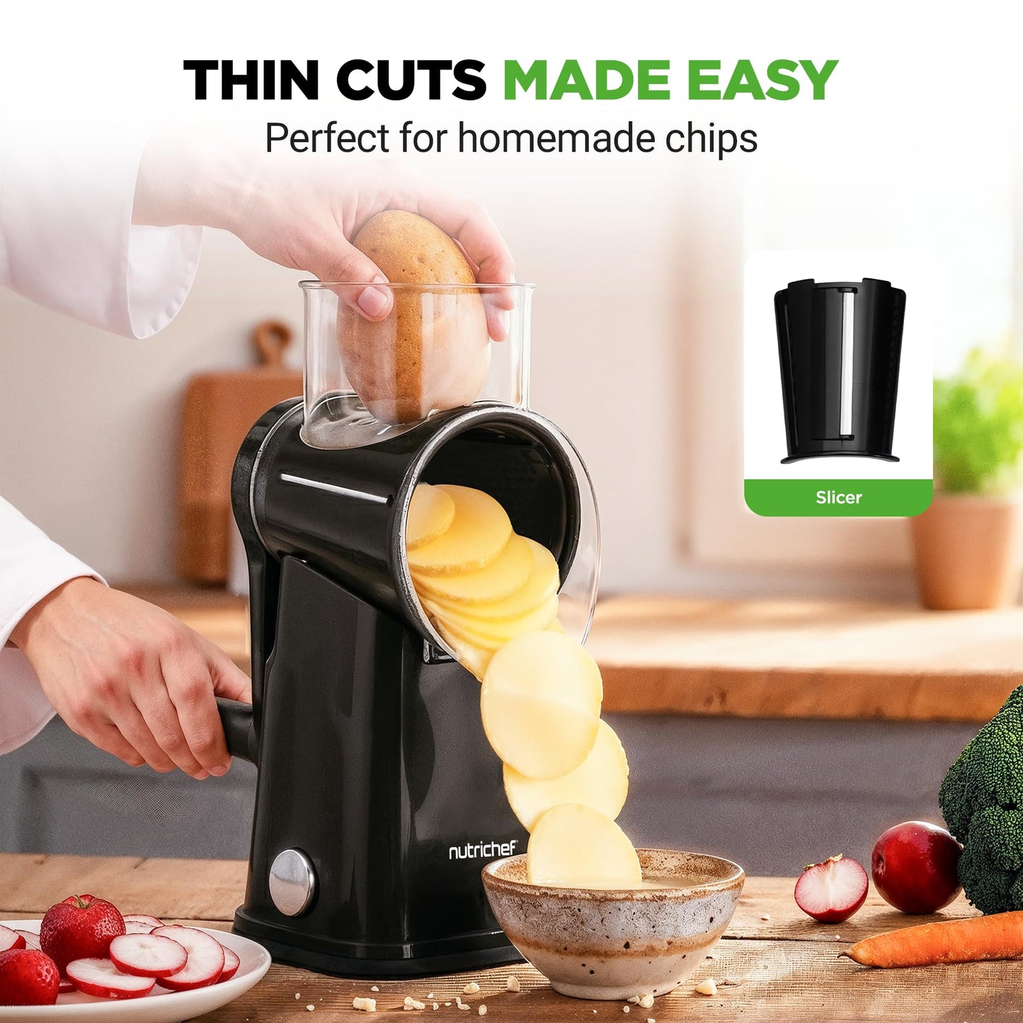 NutriChef 5 in 1 Cheese Grater & Shredder | 5 Different Blades for Thin, Thick, Julienne Strips, Wavy, & Straight Strips | Includes Hand Crank, Strong Suction Base & Storage Container | Black