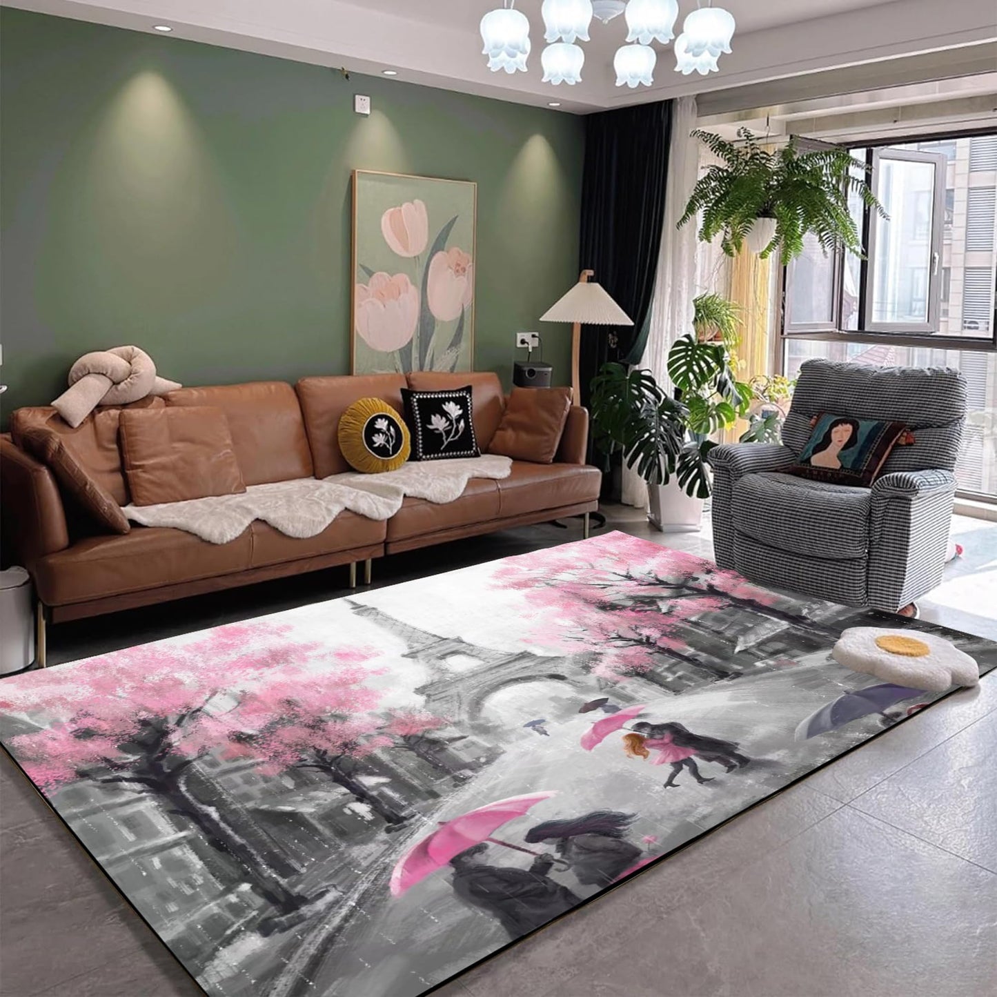 EDGZKO Paris Rugs for Girl Bedroom: 5x7 Feet Pink Gray Eiffel Tower Area Rug for Living Room Home Kitchen Hallway Paris Themed Carpet Indoor Floor Mat for Teens Girls Women