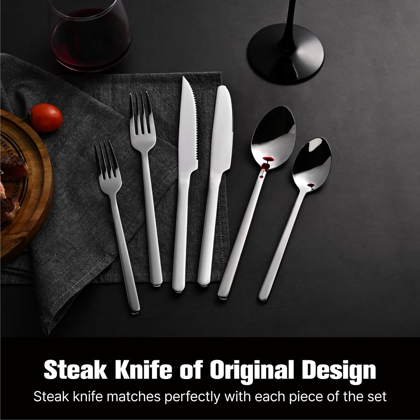 KINGSTONE 48-Piece Silverware Set with Steak Knives, Flatware Set for 8, Stainless Steel Tableware Cutlery Set for Home Restaurant, Mirror Finish,Modern Design