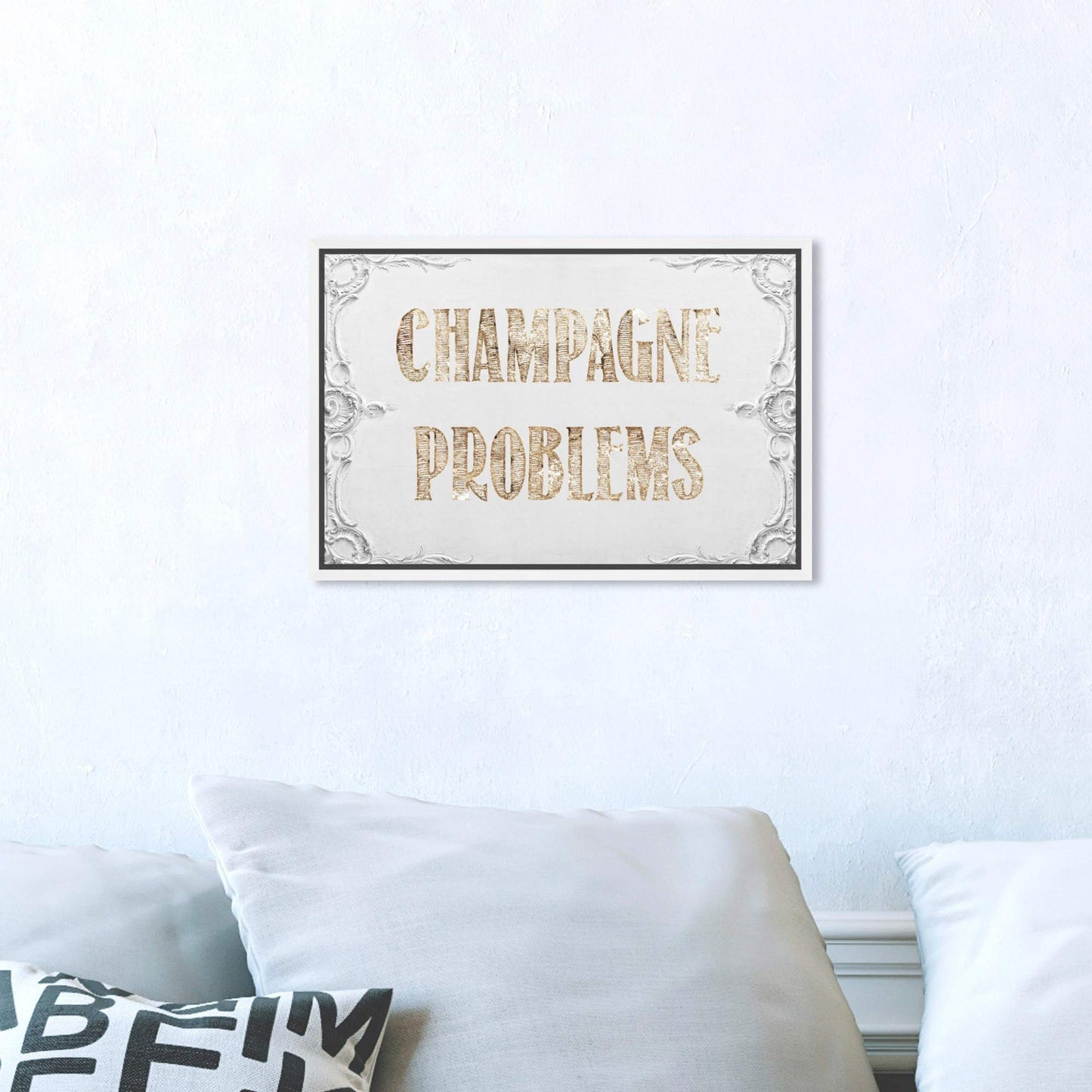 The Oliver Gal Artist Co. Typography Framed Wall Art Canvas Prints 'Champagne Problems' Quotes and Sayings Home Décor, 15" x 10", Gold, White