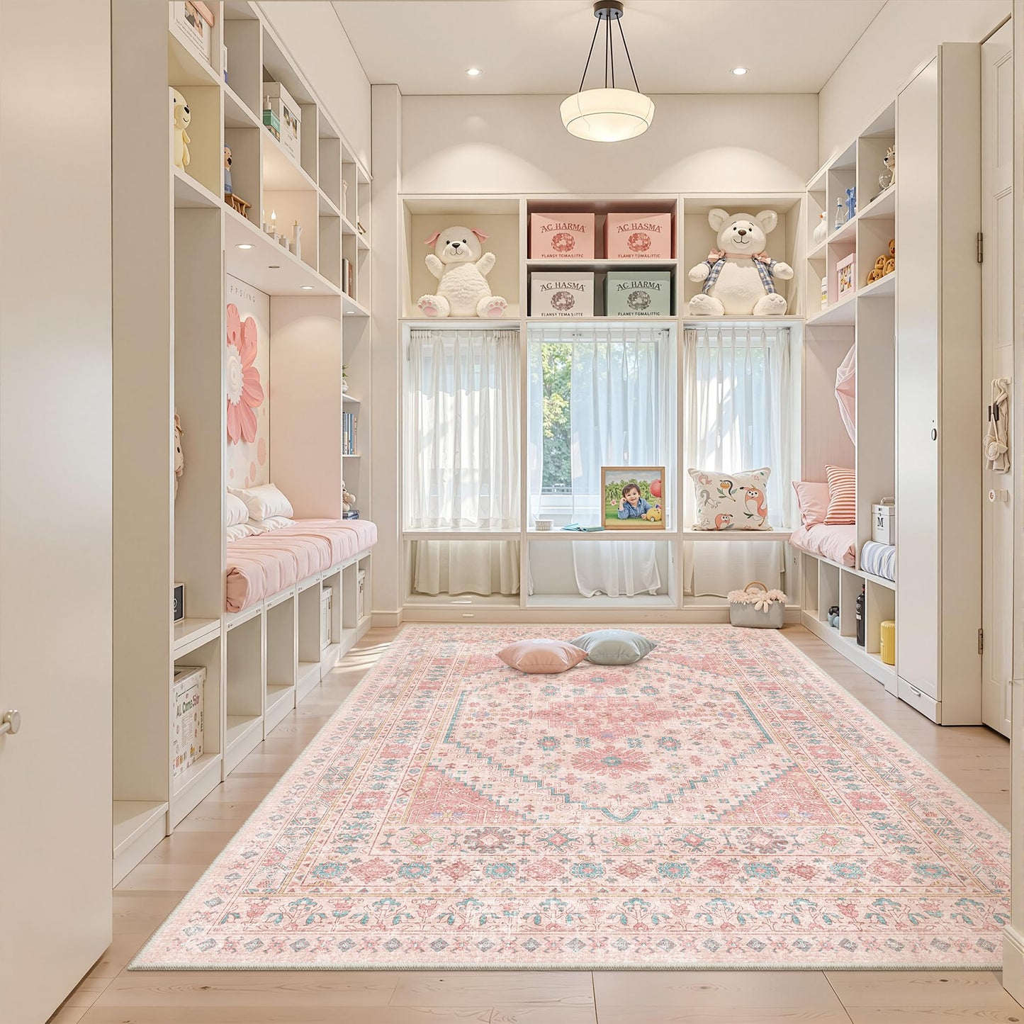 zesthome Pink Rug - 5x7 Area Rugs for Bedroom, Stain Resistant Washable Rugs for Nursery Room, Living Room, Home Decor, Girls Rug (Pink/Blue,5'x7')