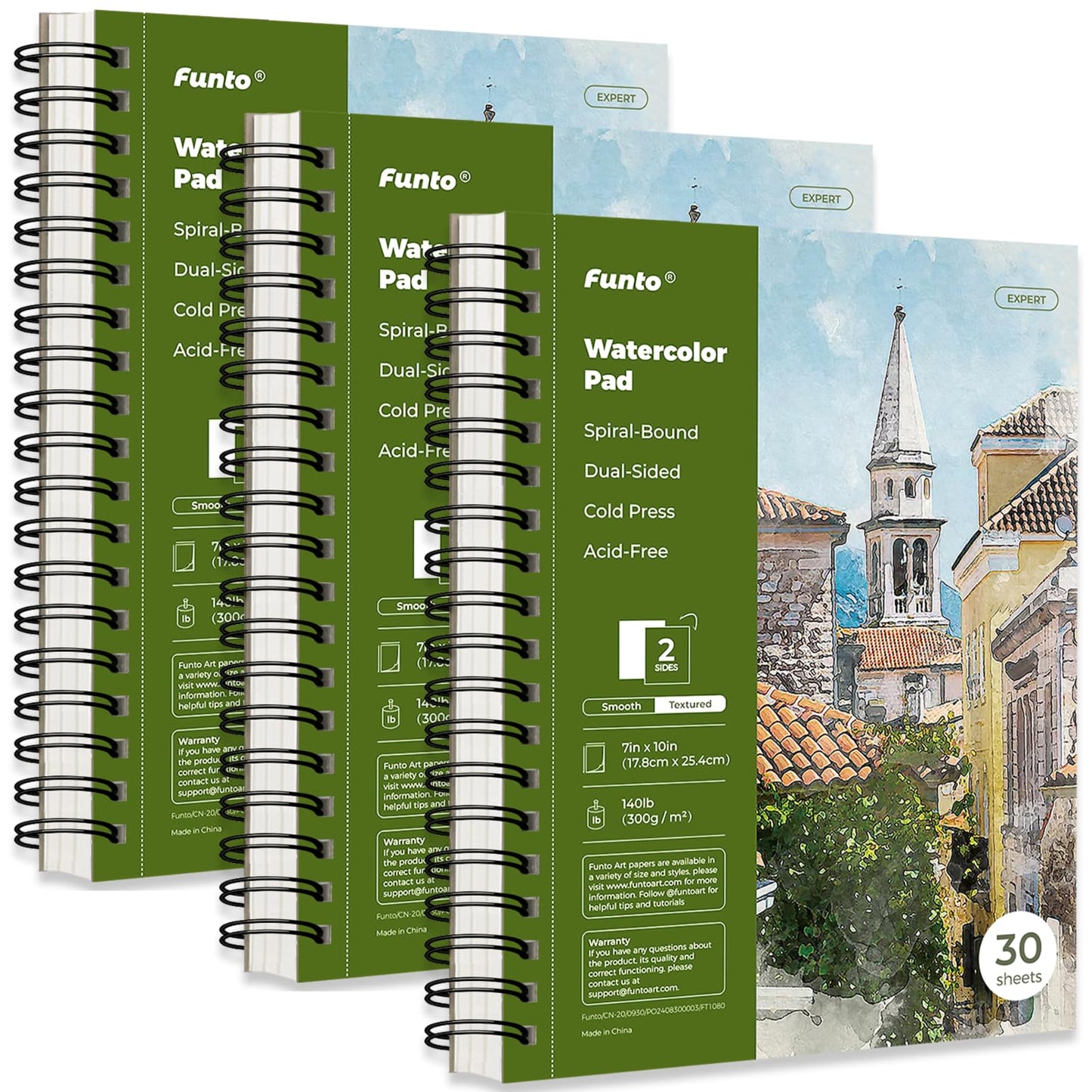 Funto Watercolor Pad 10x7", 3-Pack, 90 Sheets, 140 lb/300 GSM, Double-Sided Cold Press Paper, Spiral Bound, Heavyweight Paper for Watercolor Painting