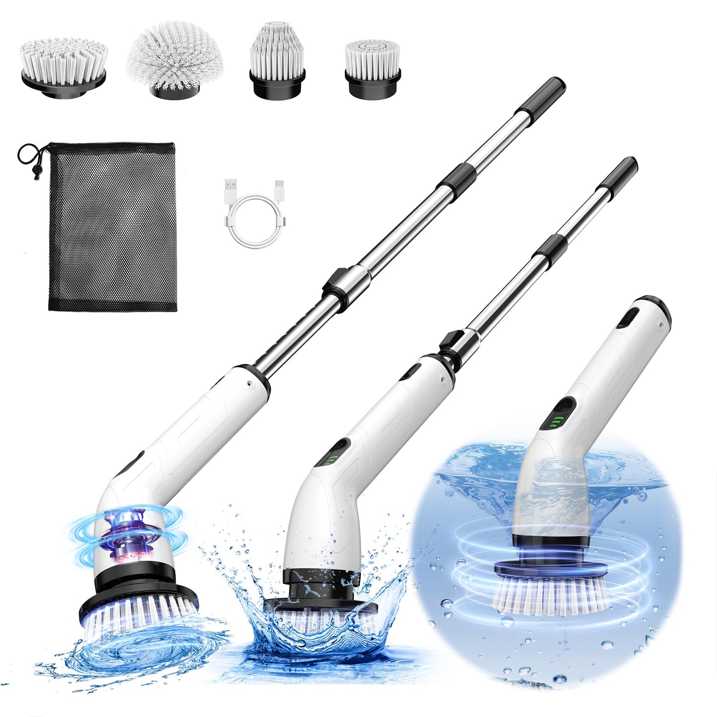 TUYU Electric Spin Scrubber, Full-Body IPX7 Waterproof Bathroom Scrubber,4 Replacement Head for Adjustable Extension Handle Electric Cleaning Brush for Bathroom, Tub, Tile
