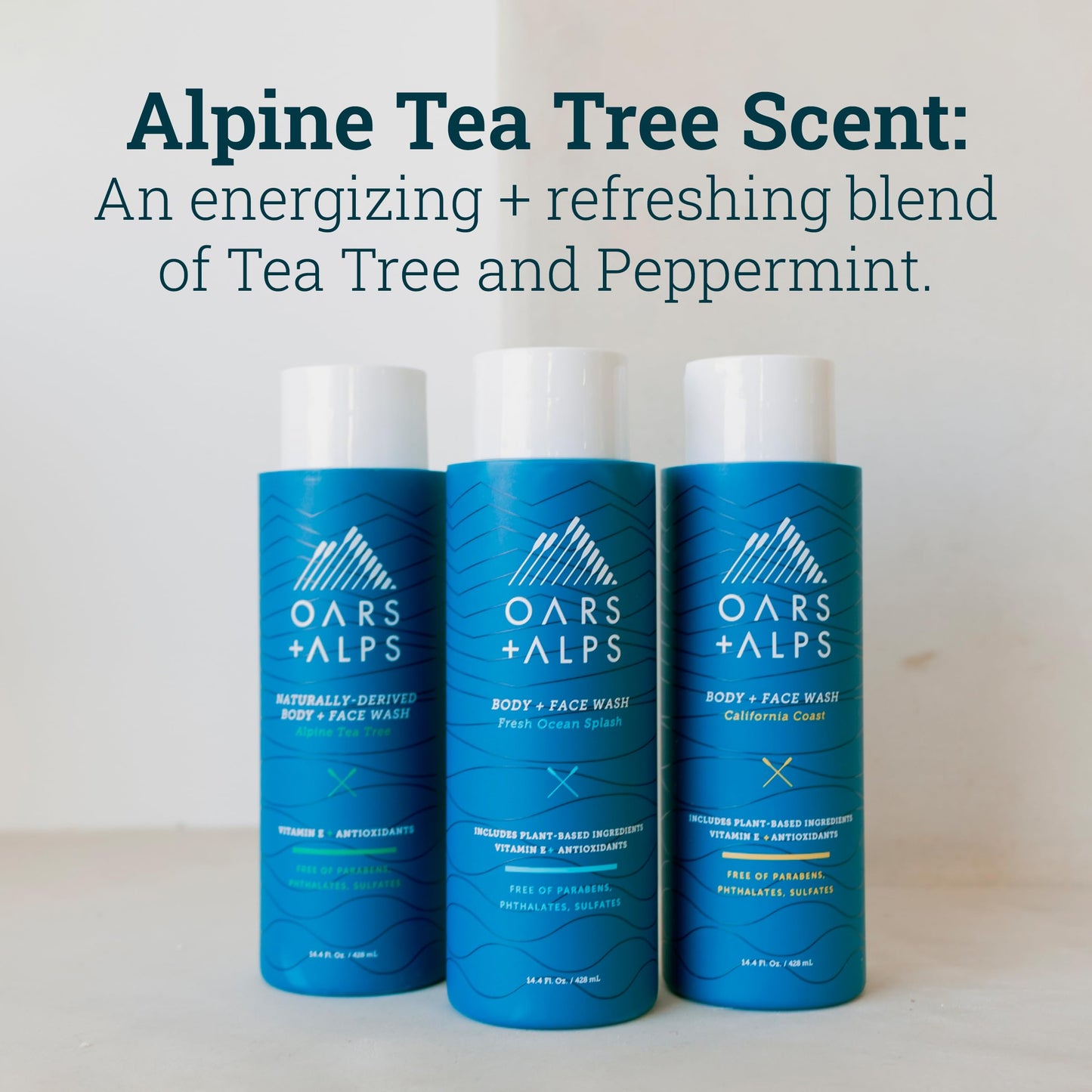 Oars + Alps Men's Moisturizing Body and Face Wash, Skin Care Infused with Vitamin E and Antioxidants, Sulfate Free, Alpine Tea Tree, 3 Pack