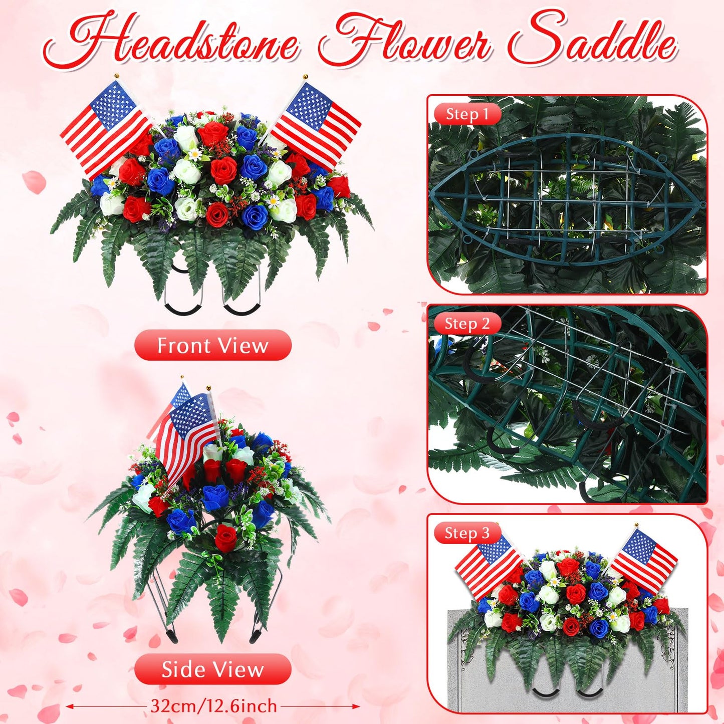 Giegxin 3 Pcs Memorial Day Headstone Flower Saddle Cemetery Flowers for Grave Artificial Memorial Floral with Vase American Flag Patriotic Red White Blue Rose Bouquets for Gravesite Tombstone Decor