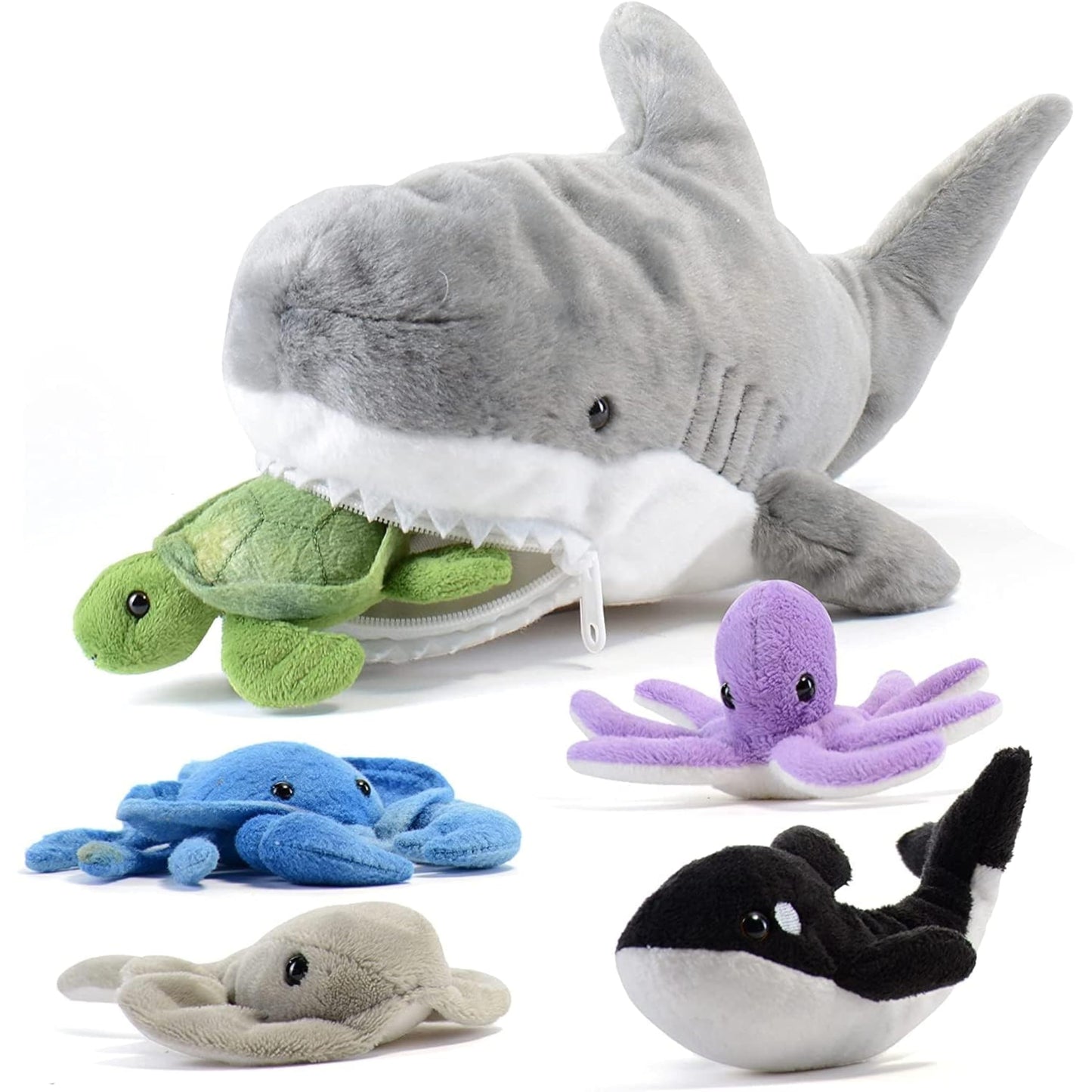 PREXTEX Stuffed Animal Toy Gift Set of Five Small Mini Plush Stuffed Animals (Penguin, Polar Bear, Whale, Narwhal, Walrus) in Big Zippered Iceberg Home, Bulk Stuffed Animals for Kids Boys & Girls