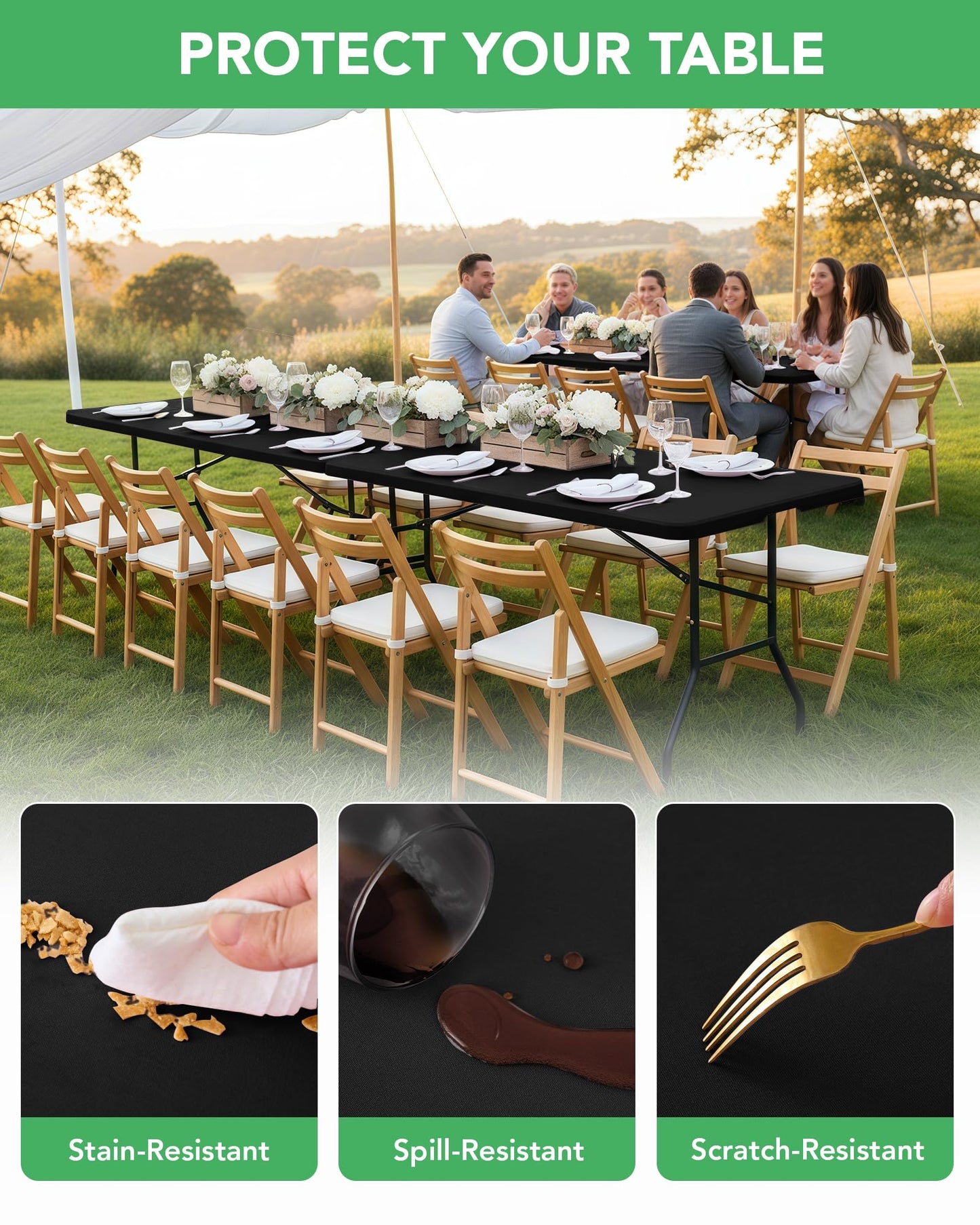 KeyWave Fitted Tablecloth Rectangle Table Cloths - 8 Pack 6 Foot Elastic Stretch Folding Table Top Cover Water-Resistant Reusable for Outdoor Picnic Camping Party Event, Black, 72" L x 30" W