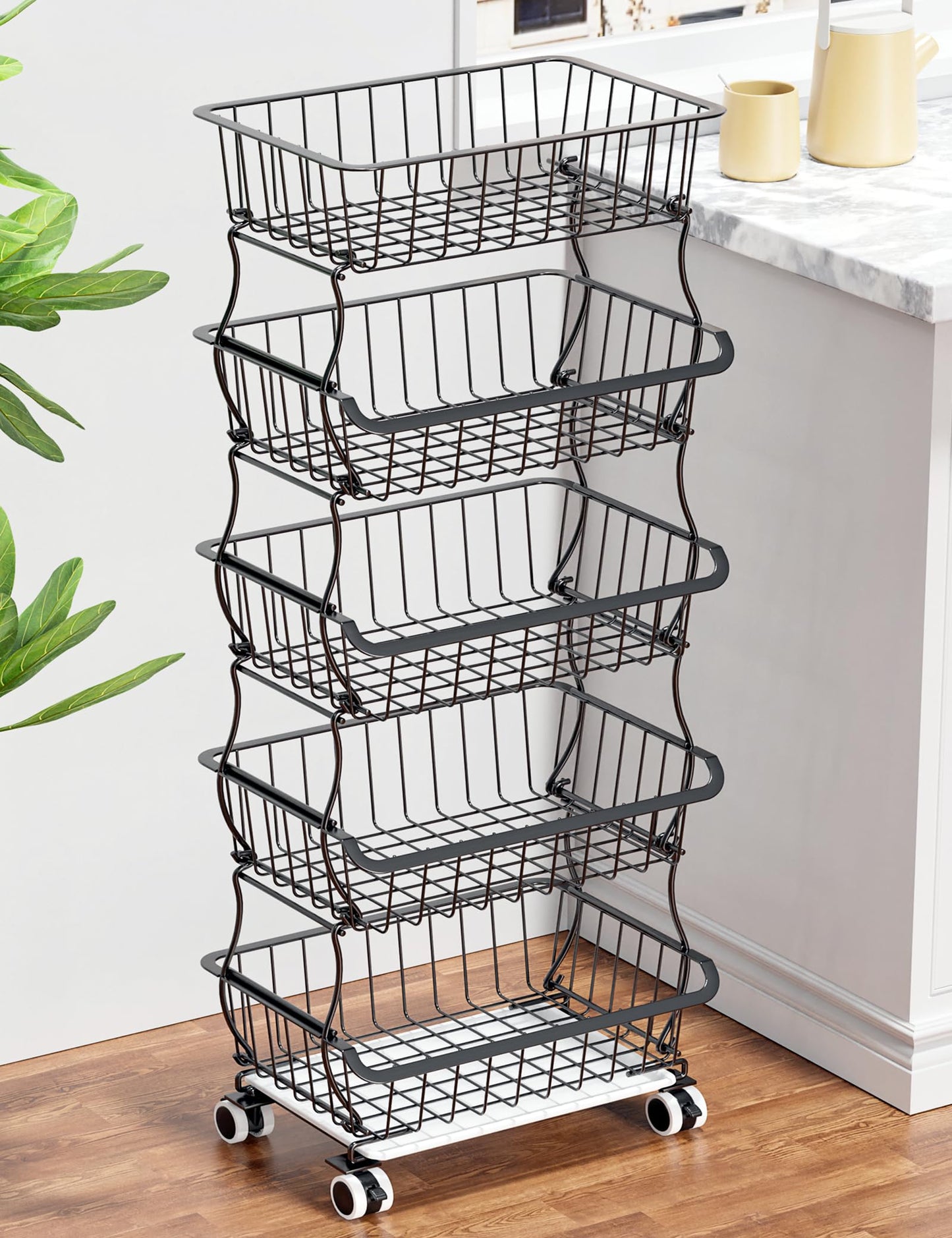 OKZEST 5 Tier Fruit Basket for Kitchen, Stackable Bins Wire Rack with Wheels, Fruit and Vegetable Storage Basket Pantry Food Snack Organizer Shelf, Kitchen Storage Cart for Onion and Potato, Produce