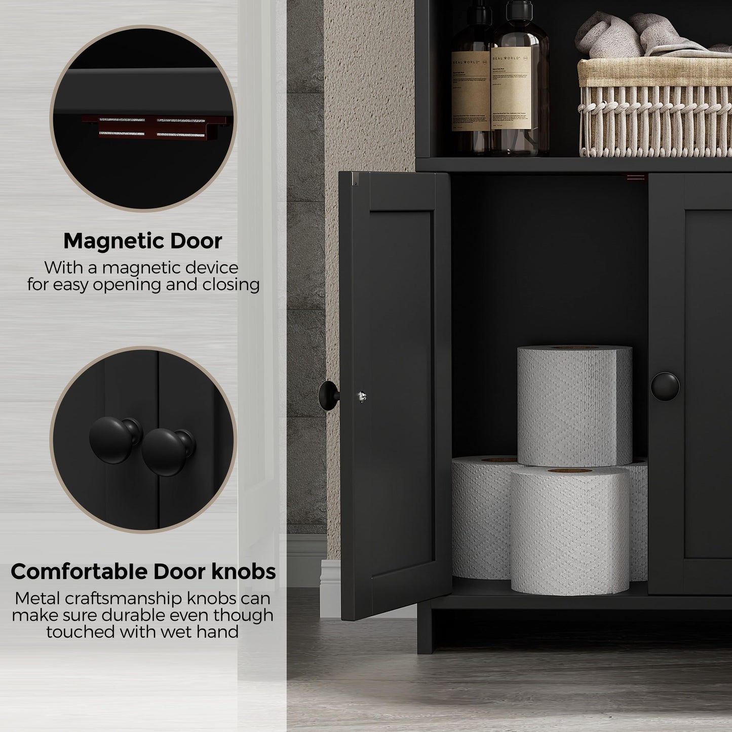 Homhedy Small Bathroom Storage Cabinet, Freestanding Toilet Paper Storage with 2 Doors and Shelves, Bathroom Organizers and Storage for Small Spaces, Laundry Room, 7.9" D x 14.6" W x 31" H, Black