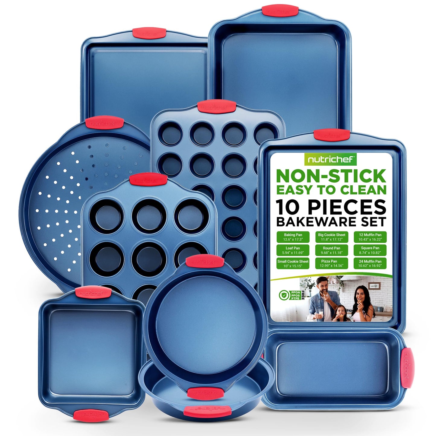 NutriChef 10-Piece Nonstick Bakeware Set - Premium Carbon Steel Baking Pans w/Silicone Handles - Includes Pizza Tray with Holes, 12 & 24 Cup Muffin Pans, Cookie Sheets, Round, Square & Loaf Pan - Blue