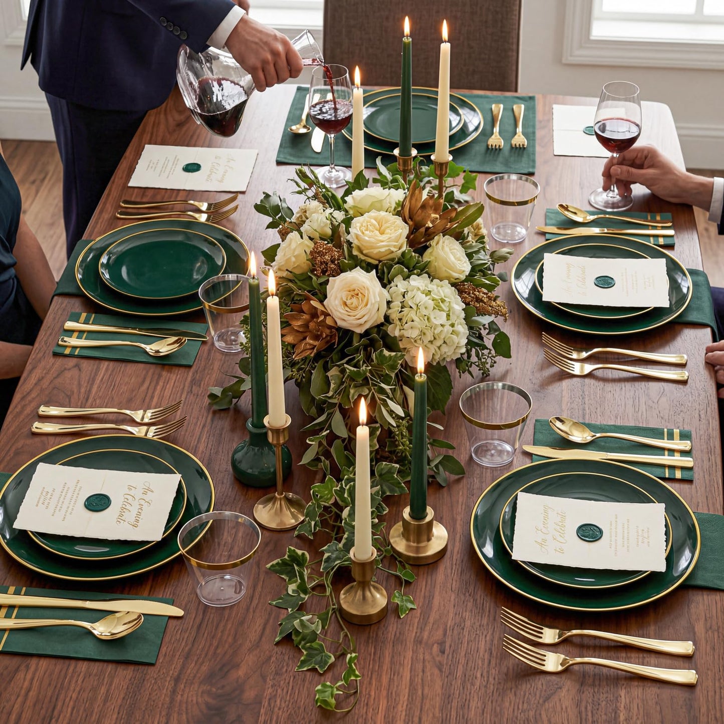NOCCUR 350PCS Green Plastic Plates - Disposable Green Gold Dinnerware Set for 50 Guests, 100 Dinner/Dessert Plates, 150 Gold Silverware, 50 Cups&50 Napkins for Party ＆ Wedding ＆ World Cup 2026