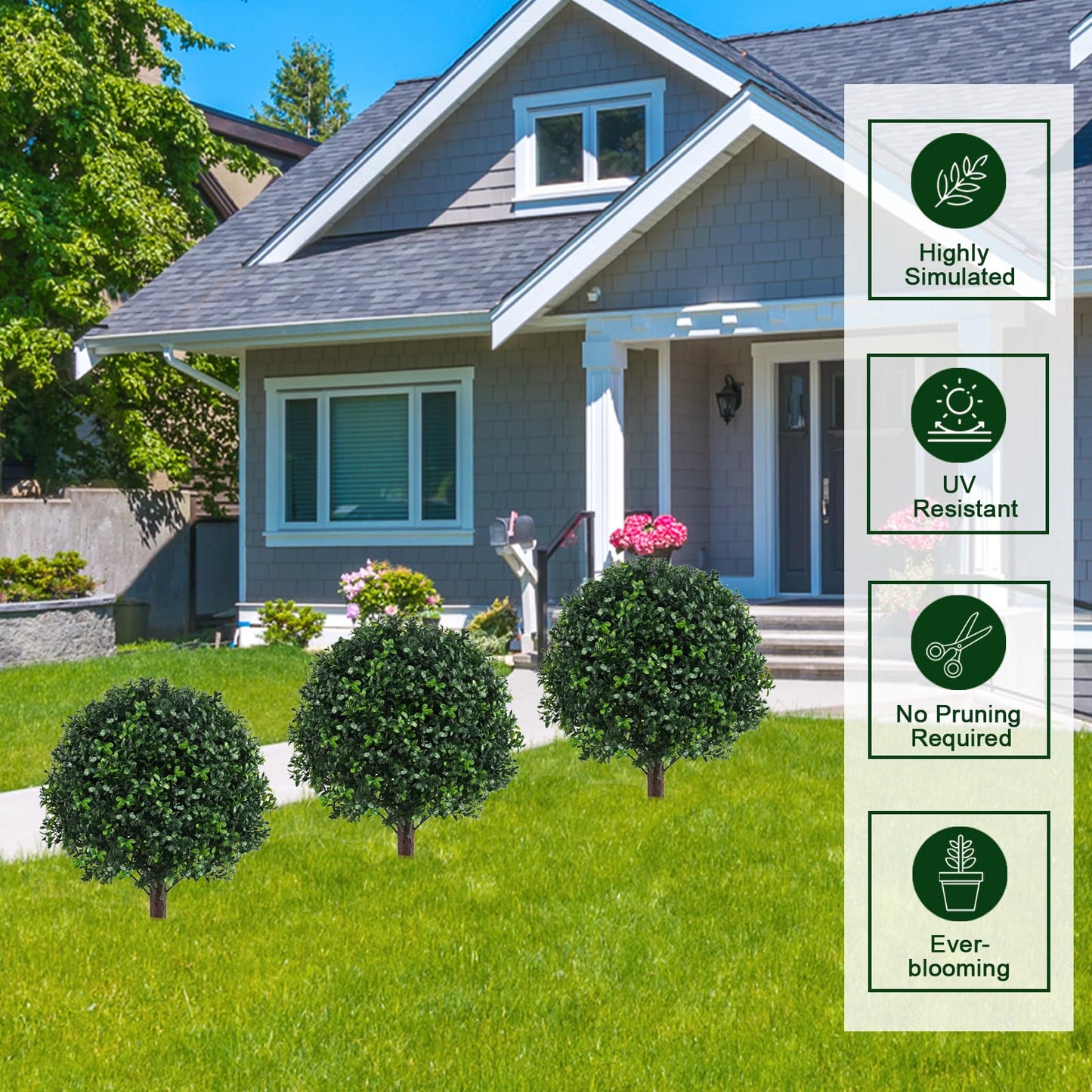 Grewyear Artificial Boxwood Topiary Ball Bush for Outdoor with Spike, Set of 2 UV Resistant Faux Boxwood Ball Tree with Stake, Weatherproof Fake Round Topiary Shrub Plant for Front Porch Planter