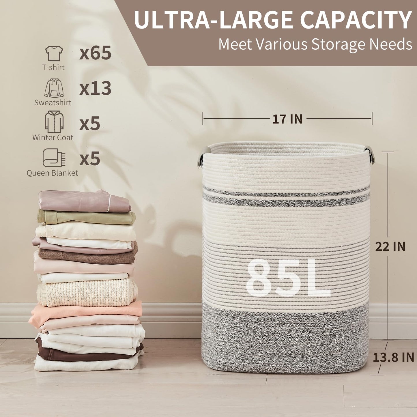 AINUOQI Laundry Basket with Handles - Blanket Basket & Hampers for Bedroom Aesthetic, Laundry Hamper & Blanket Storage for Living Room, Clothes Hamper, Tall, Large 17" x 14" x 22”, Grey & White