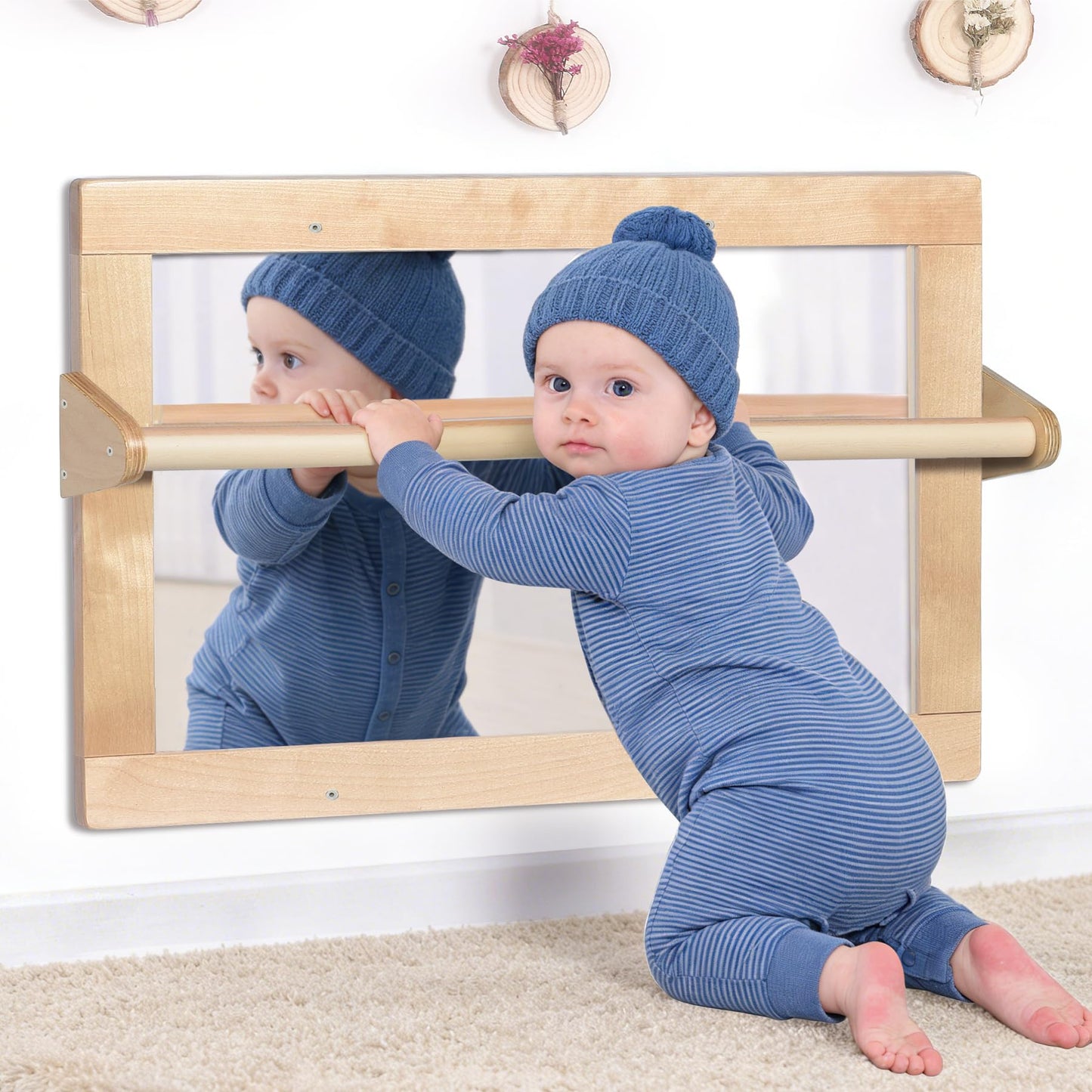 KRAND Baby Montessori Wooden Frame Non-Shatter Safety Mirror w/ 2 Pull Up Bars, Infant Coordination Small Mirror for 6-18 Months (Natural)