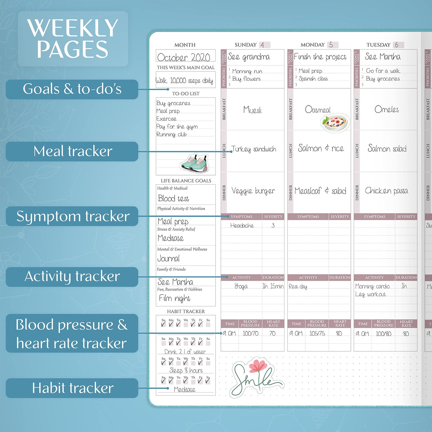 Legend Medical Planner – 12-Month Health Tracker Journal to Track Meals, Symptoms, Blood Pressure, Lab Test Results – Med & Wellness Notebook for Daily Self-Care & Health Goals (Aquamarine)