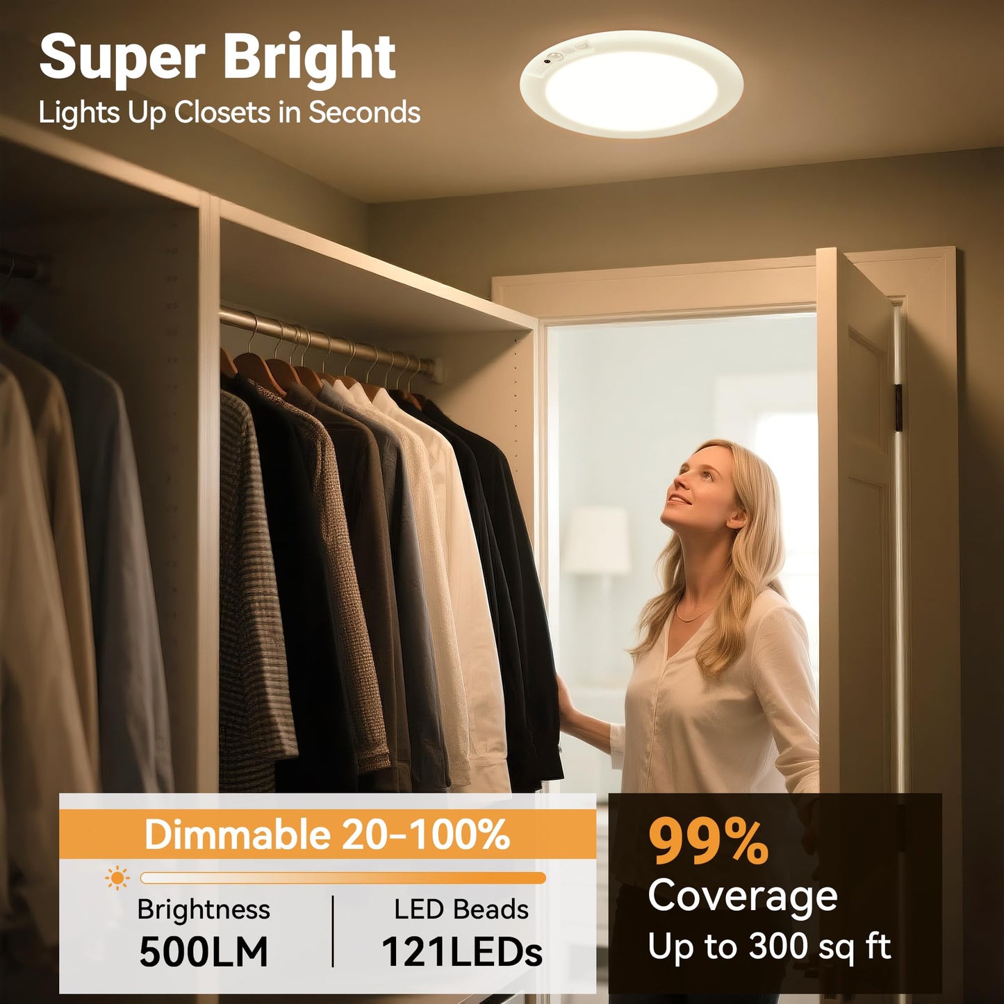 Rechargeable Ceiling Light No Wiring - Battery Operated Led Lights for Bedroom with Remote, Motion Sensor Night Light Indoor Hallway, Living Room, Bathroom, Home & Kitchen Decor Lighting (4)