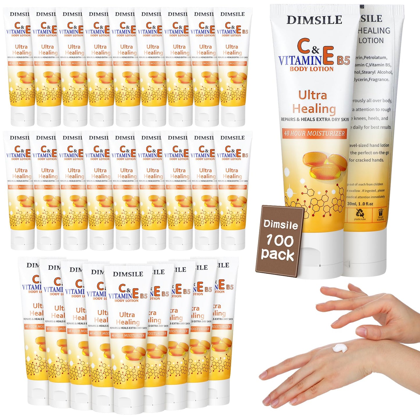 Dimsile 100 Pack Natural Style Travel Size Body Lotion 1 oz Dry Skin Moisturizer with Flip Cap for Extra Dry Skin, for Inns and Hotels, Offices, Airlines, Gyms and More(Natural Style)