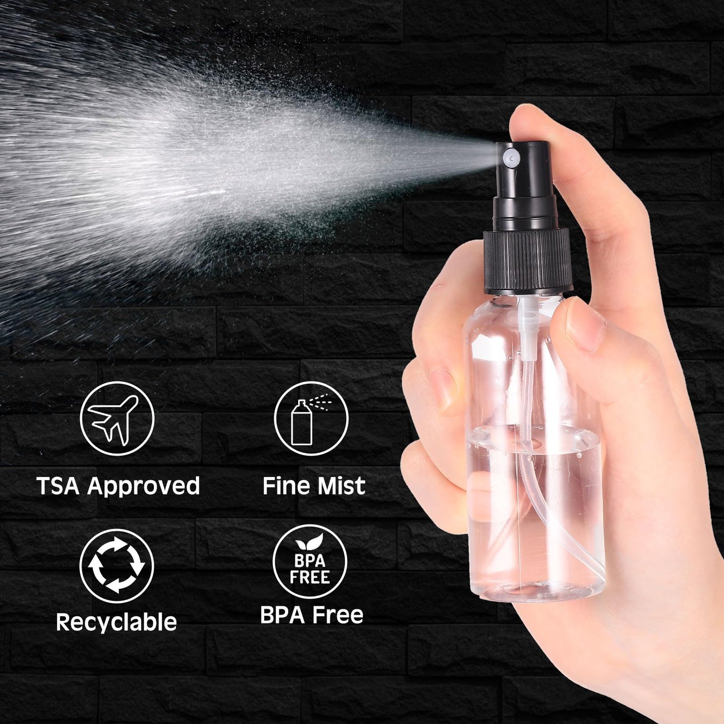 Roshtia 200 Pcs 2 oz Plastic Mini Spray Bottles with Black Cap Clear Empty Fine Mist Spray Bottles Refillable Liquid Container for Essential Oils Perfumes Travel Makeup