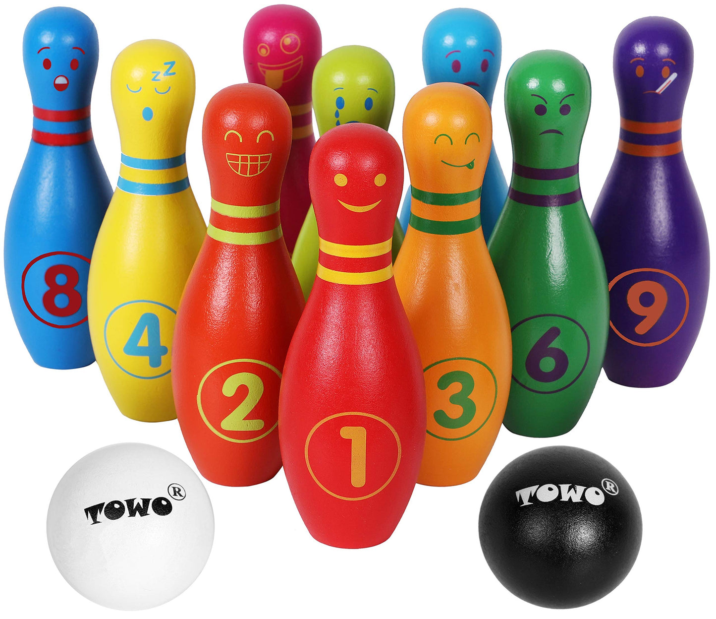 TOWO Wooden Skittles for Children - Wooden Skittle Set with Animal Faces and Numbers - 10 Pin Bowling Set for Kids - Wooden Toys for 2 Year Old
