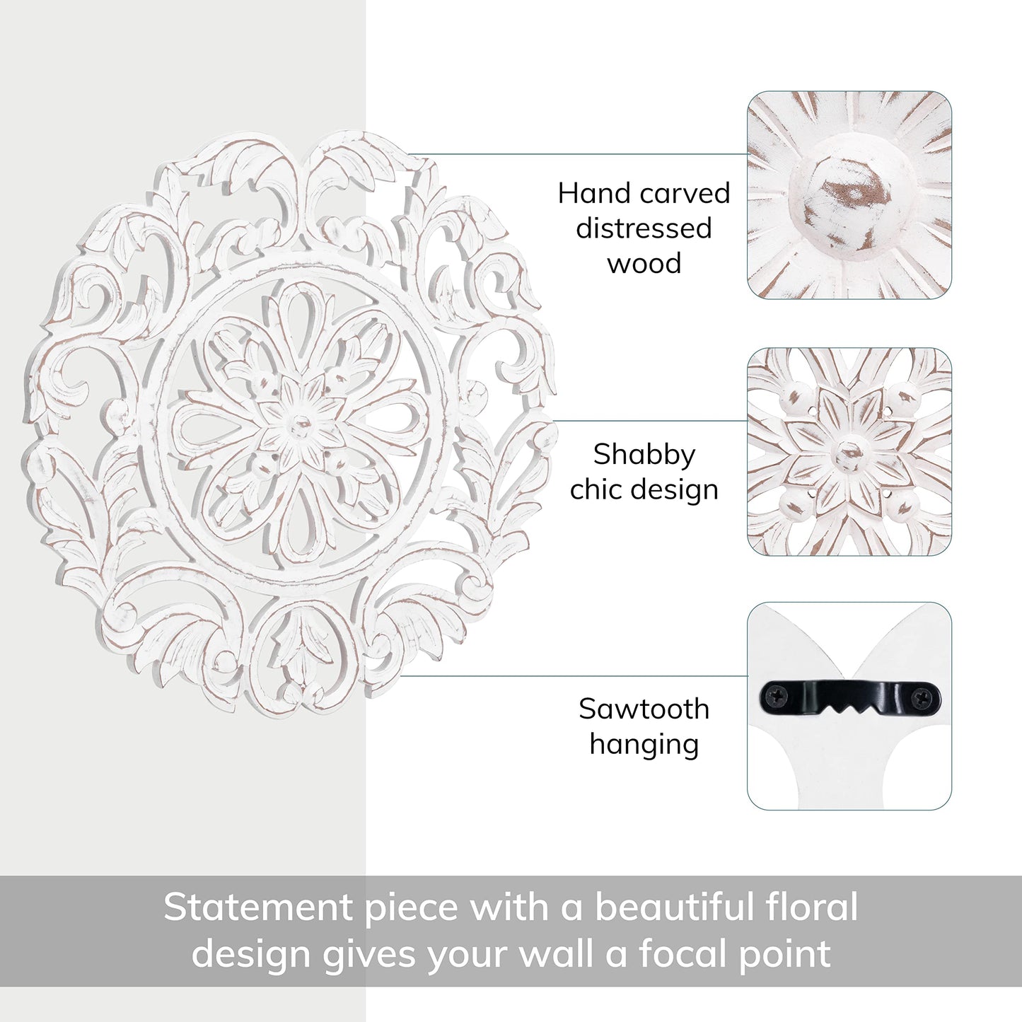 MH London Charles Wall Medallion - Large Wood Wall Art, Exclusively Designed, Hand Carved, Contemporary White Design for Living Room, Bedroom and Kitchen