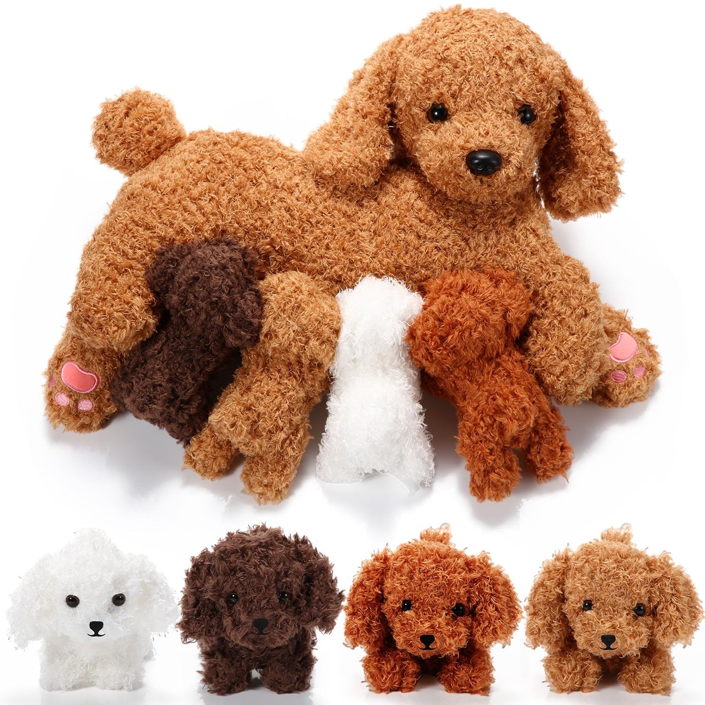 Honoson Nurturing Dog Stuffed Animal with Puppies, Mommy Dog with 4 Baby Puppy Soft Cute Stuffed Plush Dog Puppy for Kids Birthday Gifts Party Favors (Curly Dog)