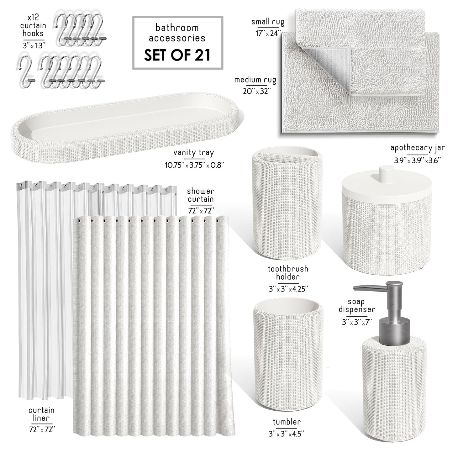 Clara Clark White Bathroom Set - Bathroom Sets with Shower Curtain and Rugs, 21PC Bathroom Accessory Set, Shower Curtain Set with Soap Dispenser & Toothbrush Holder