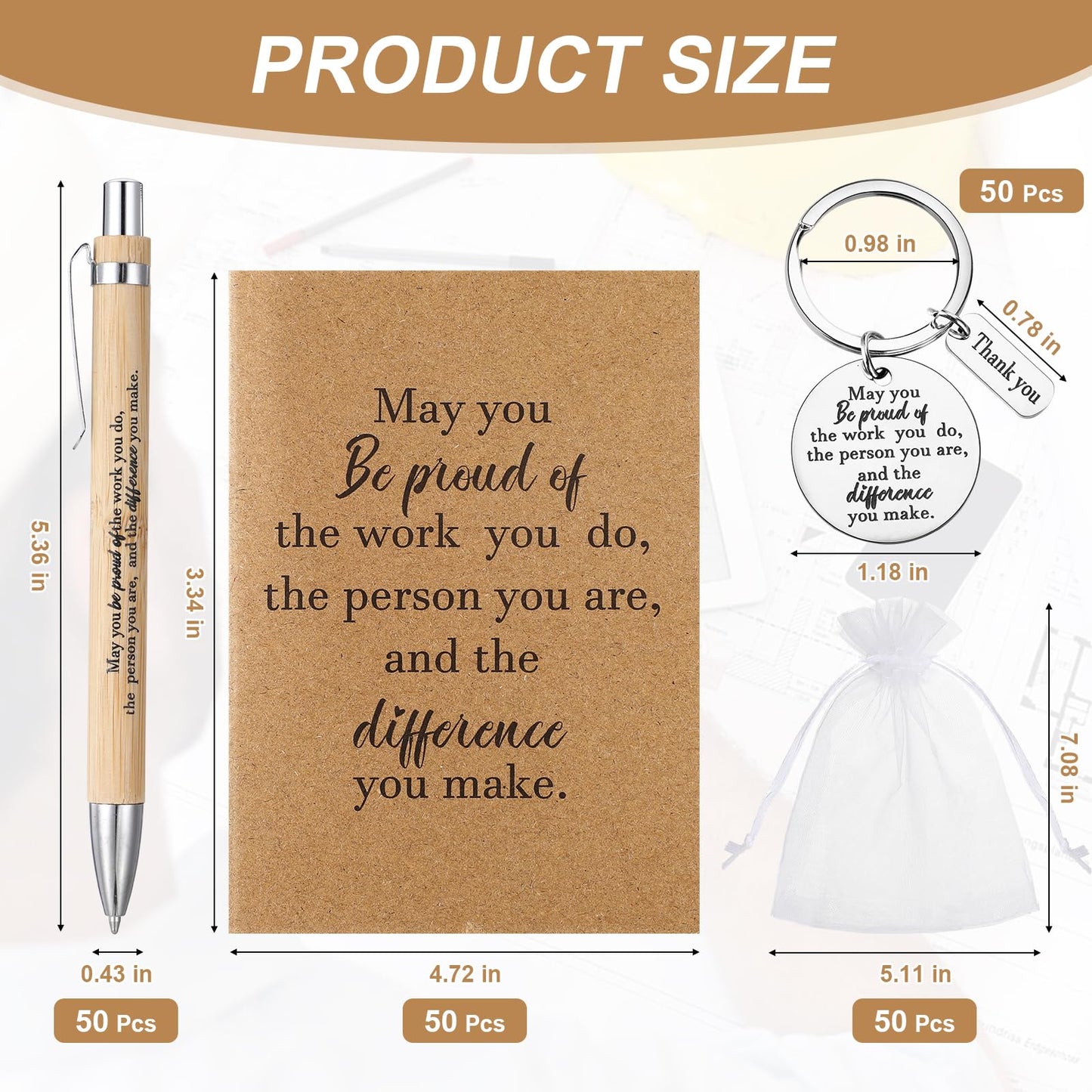 Kosiz 50 Sets Employee Appreciation Gifts Bulk Thank You Notebooks Bamboo Pens Keychains Back to School Gifts for Students