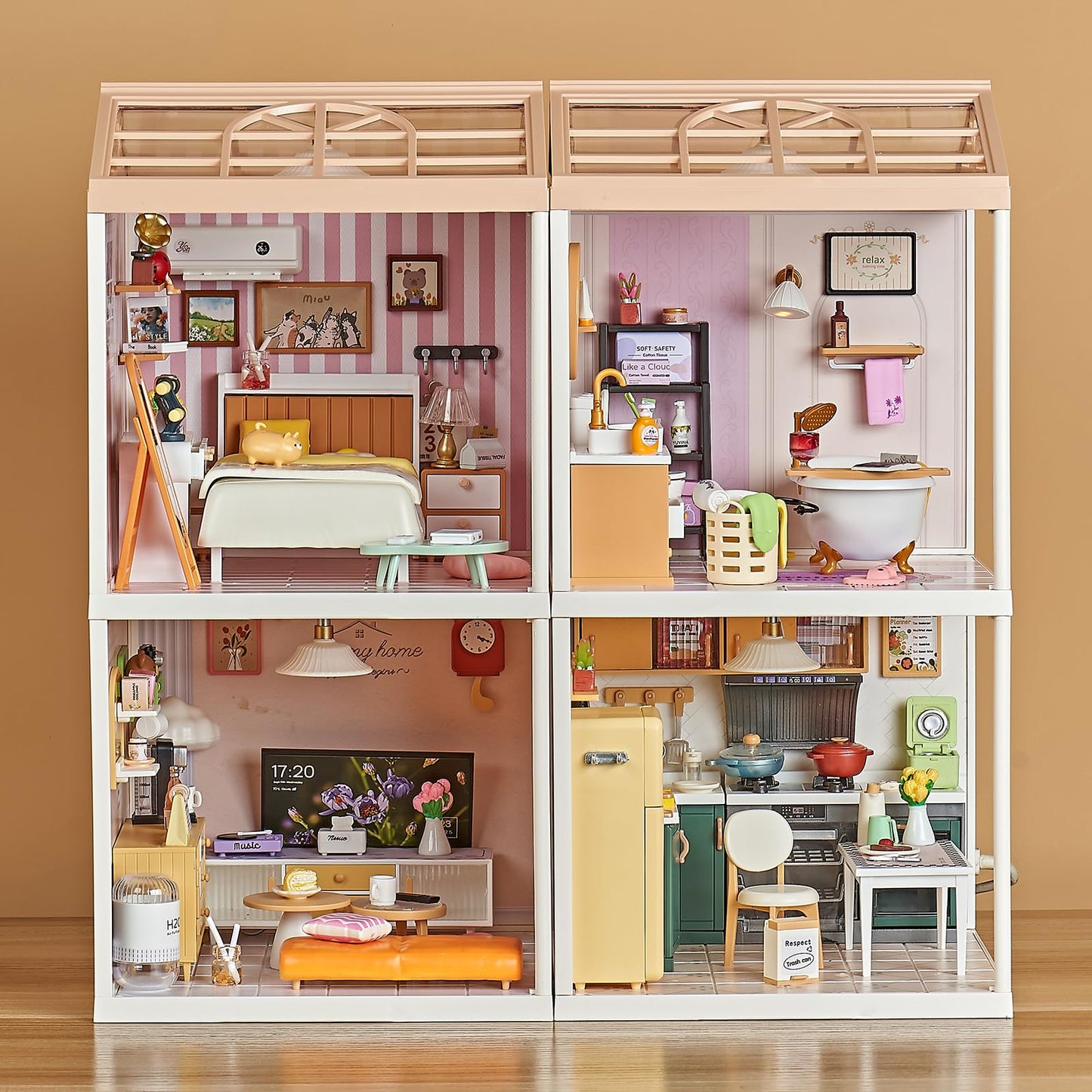 Qudify Miniature Living Room DIY Play Kit – 92Pcs 1:20 Scale Dollhouse Furniture Toy with LED Light, Modular Scene Connector & Realistic Details Tiny House for Kids 8+ and Collectors