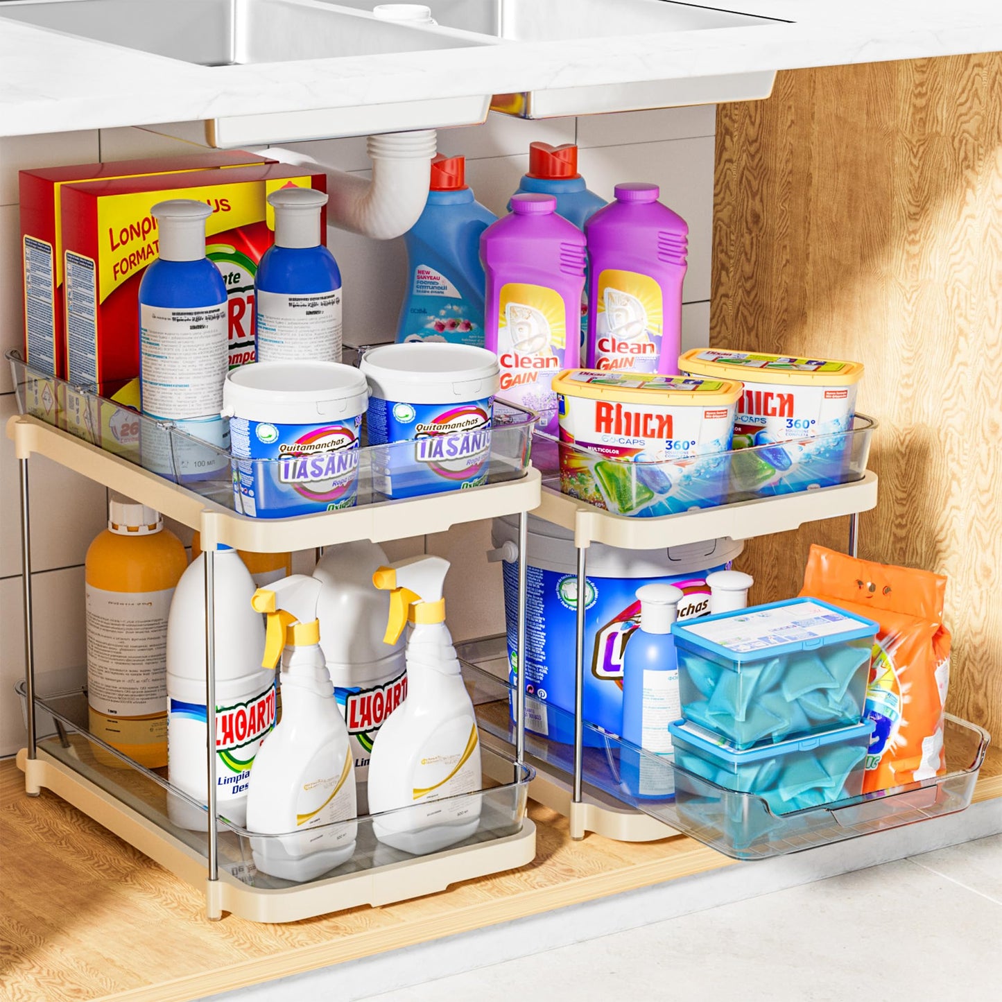 Delamu 2-Tier Multi-Purpose Bathroom Under Sink Organizers and Storage, Stackable Kitchen Pantry Organization, Pull Out Medicine Cabinet Organizer with Movable Dividers, Beige, 4 Pack