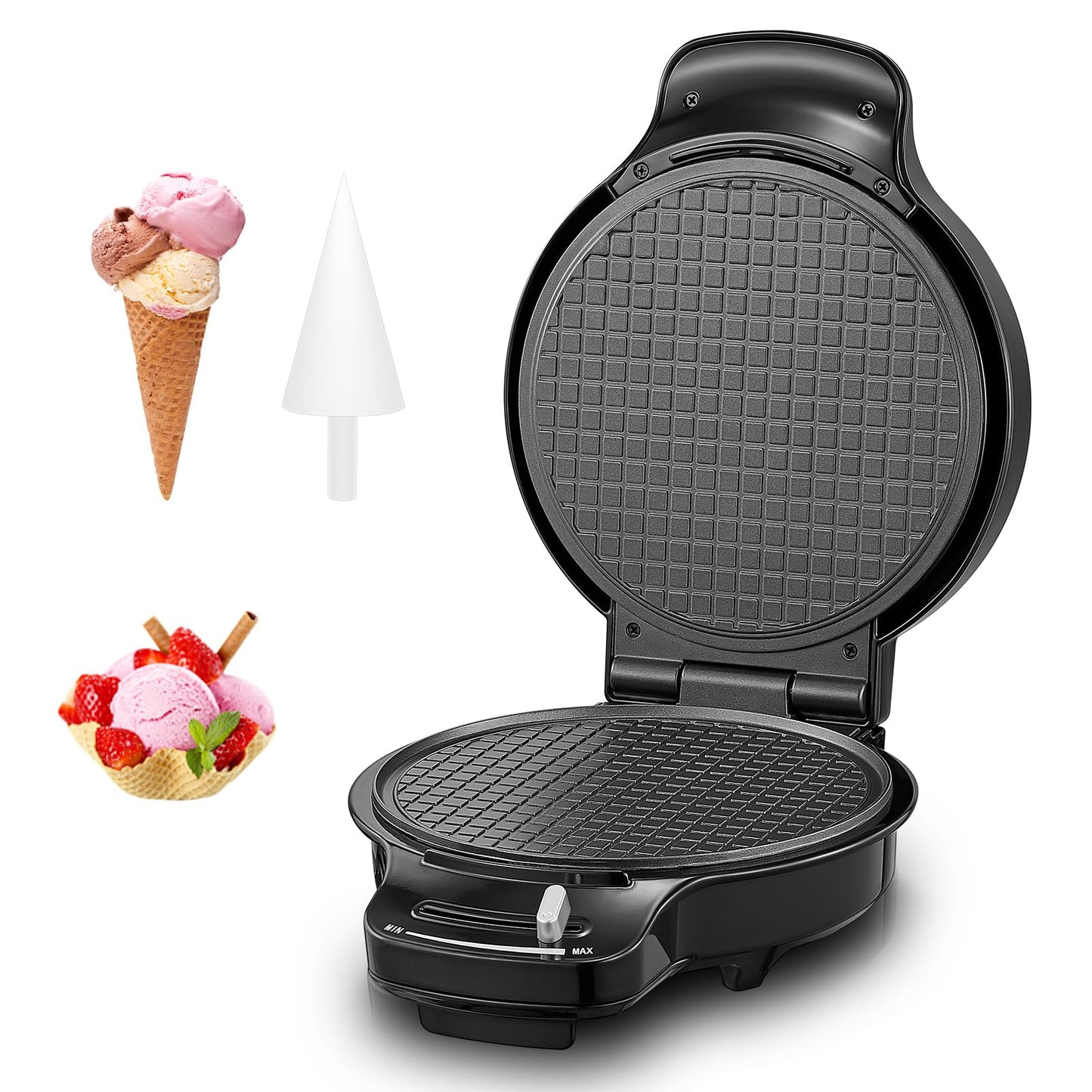 FOHERE Waffle Cone Maker Machine and Ice Cream Bowl Maker with Browning Control, Double Side Nonstick Waffle Bowl Maker with Cone Roller, 7.5” Thin Waffle Maker for Home Kitchen