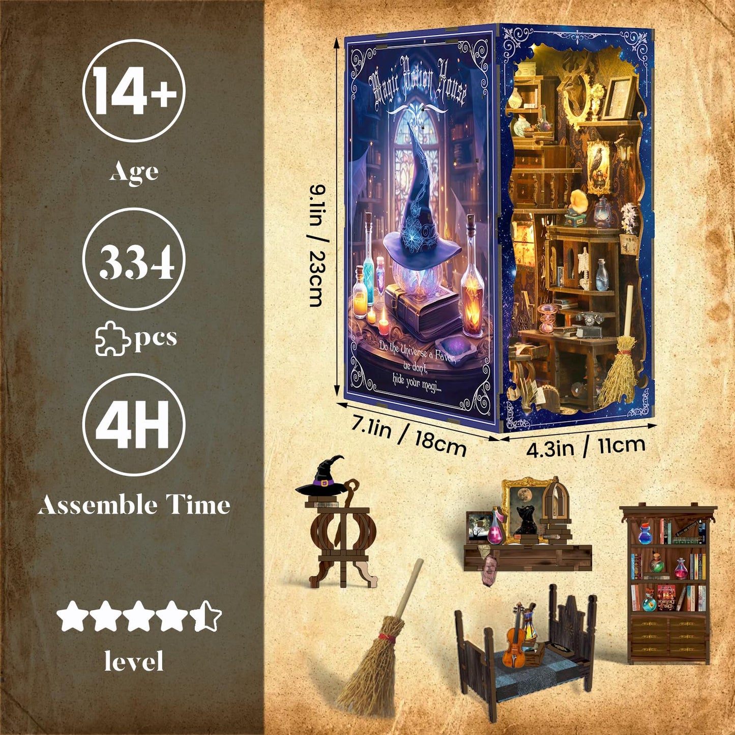 DIY Book Nook Kit for Adults, 3D Wooden Puzzle Bookshelf Insert Decor with LED Light & Stickers, Dust Cover,Miniature House Craft Gifts for Family,Friends and Book Lovers（Magic Potion House）