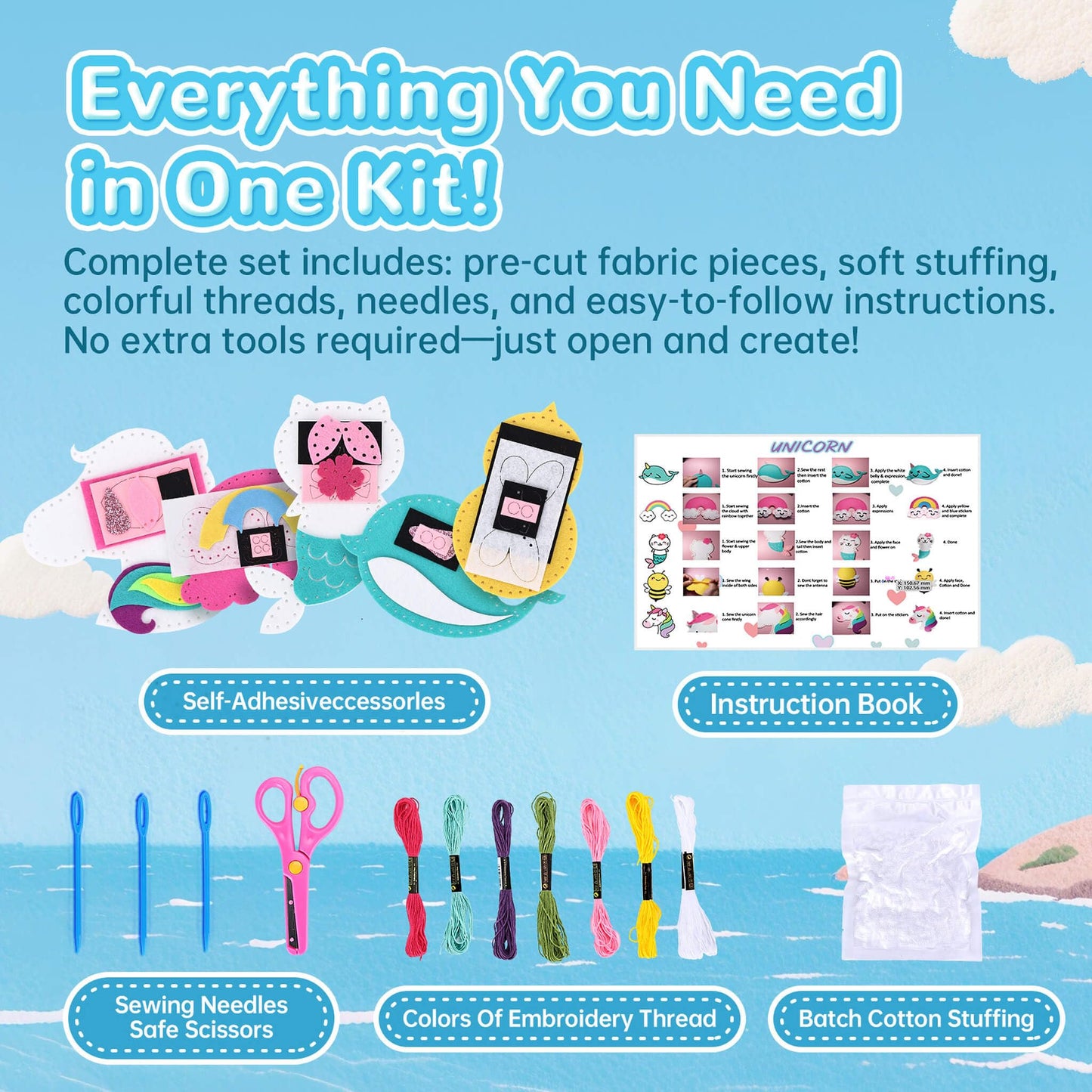 Cymbana Kids Sewing Kit Make Your Own Creative Felt Plush Animals Toy Craft Art Set for Beginners, Girls Gifts for Children 6+