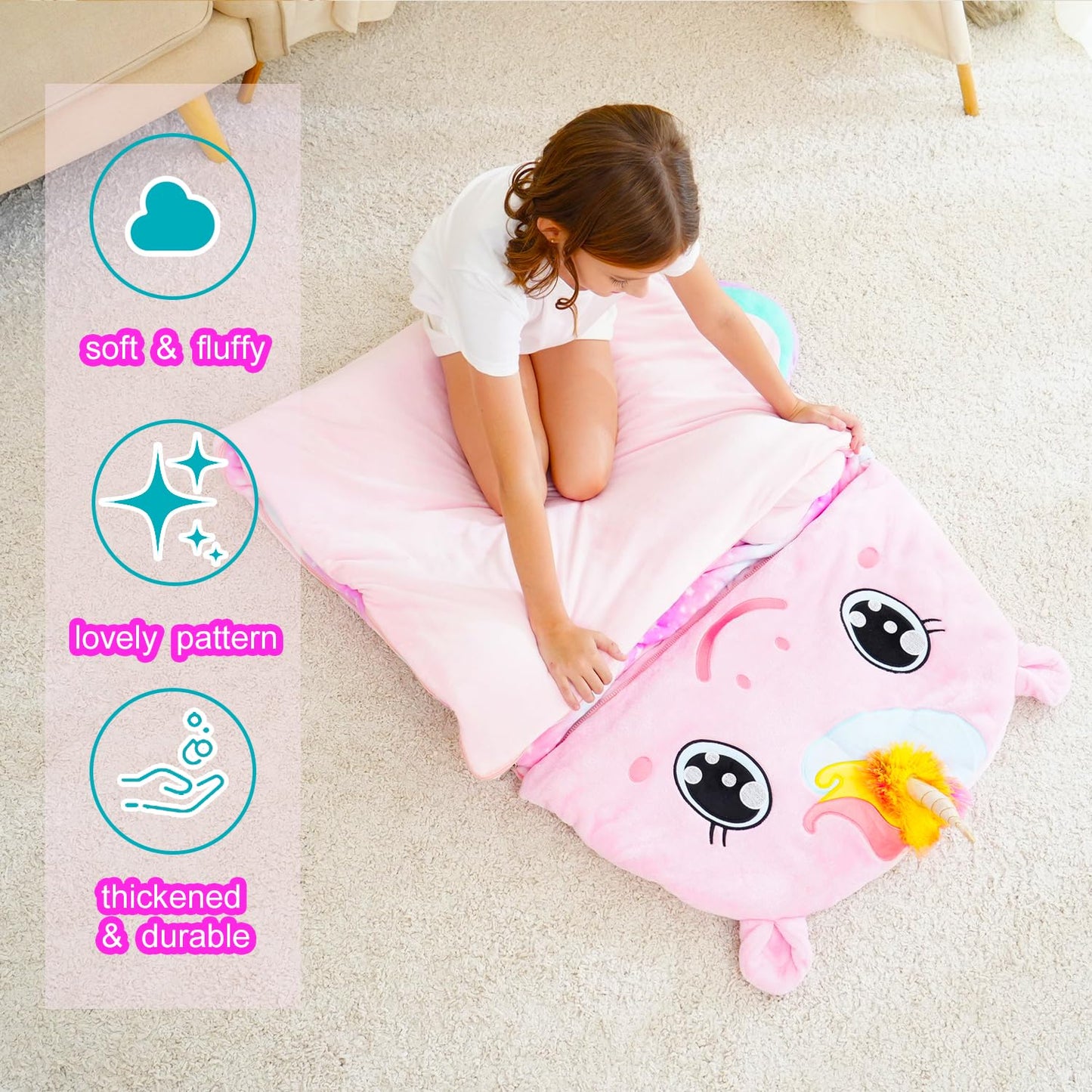 Kid Sleeping Bag with Pillow - Larger Toddler Nap Mat - Plush Unicorn Slumber Bag for Boys Girls Daycare Preschool Kindergarten Birthday Gift Travel Sleepover Ages 3-12 Years