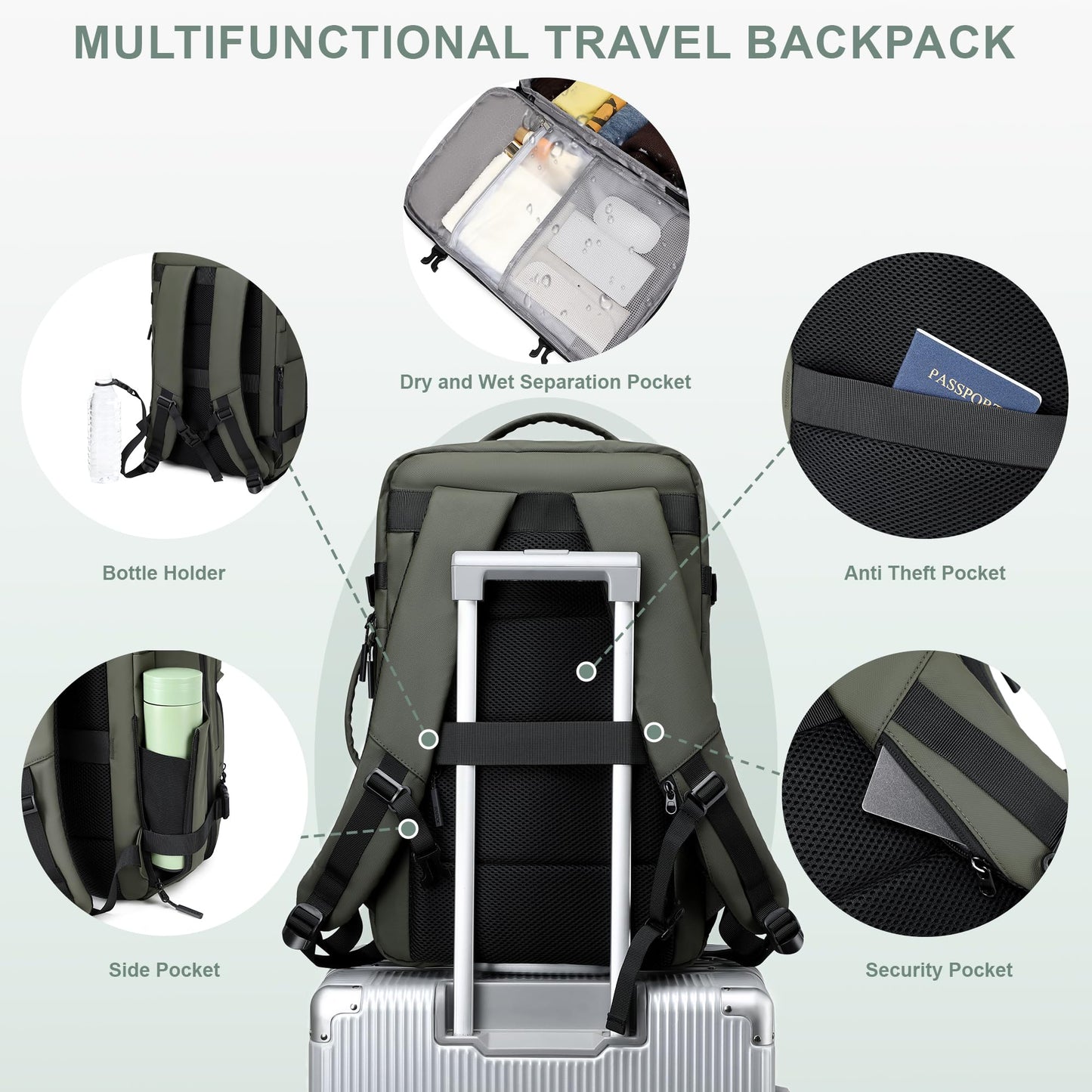 BAGOK Carry On Travel Backpack, 35L-40L Expandable Extra Large Airline Approved,Lightweight Daypack for Men and Women（Green）