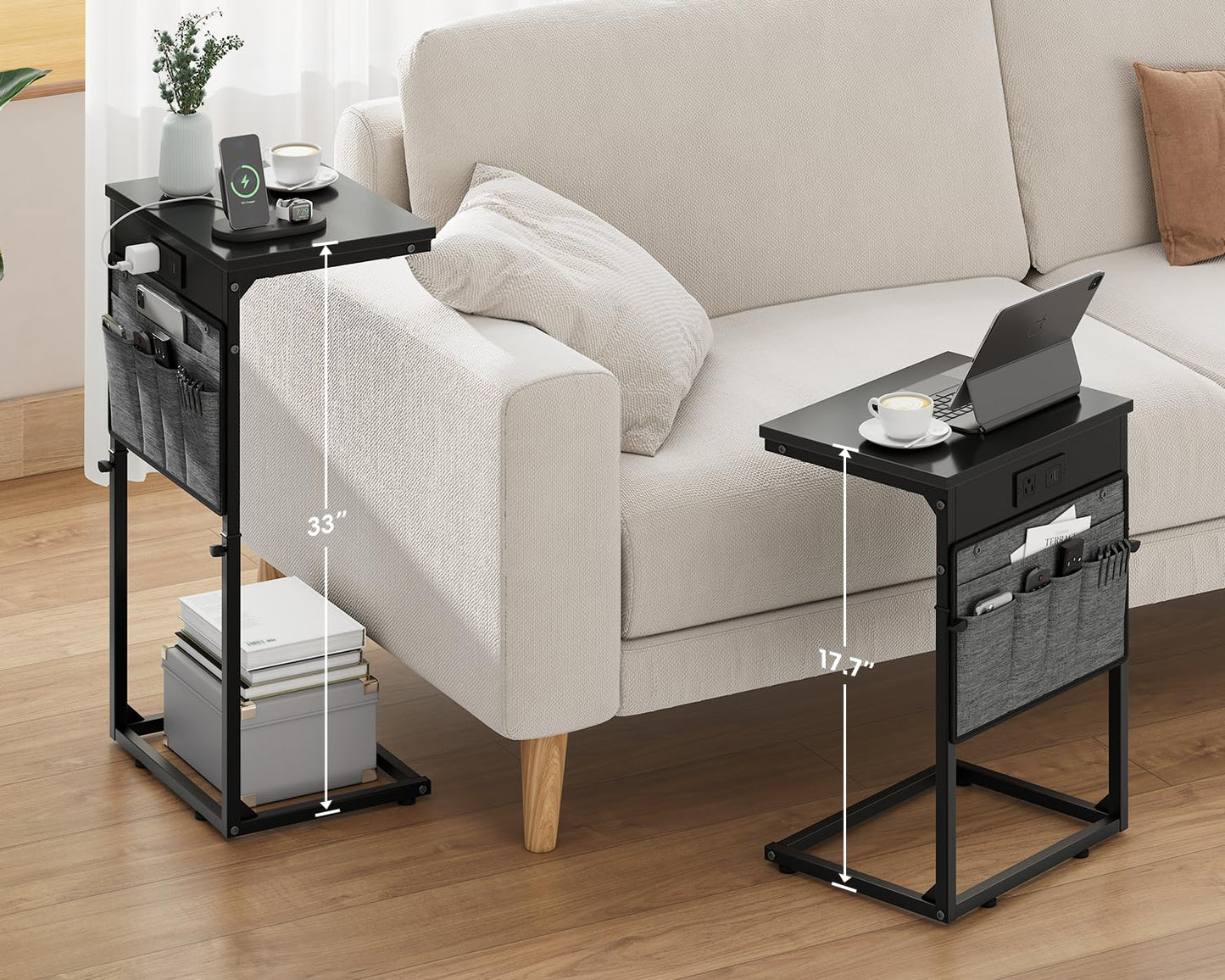 Vagusicc C Shaped End Table with Charging Station, Tall C Table End Table Adjustable Height Side Table for Couch, Small Couch Table Slide Under Sofa Table TV Tray Table for Living Room, Bedroom, Black