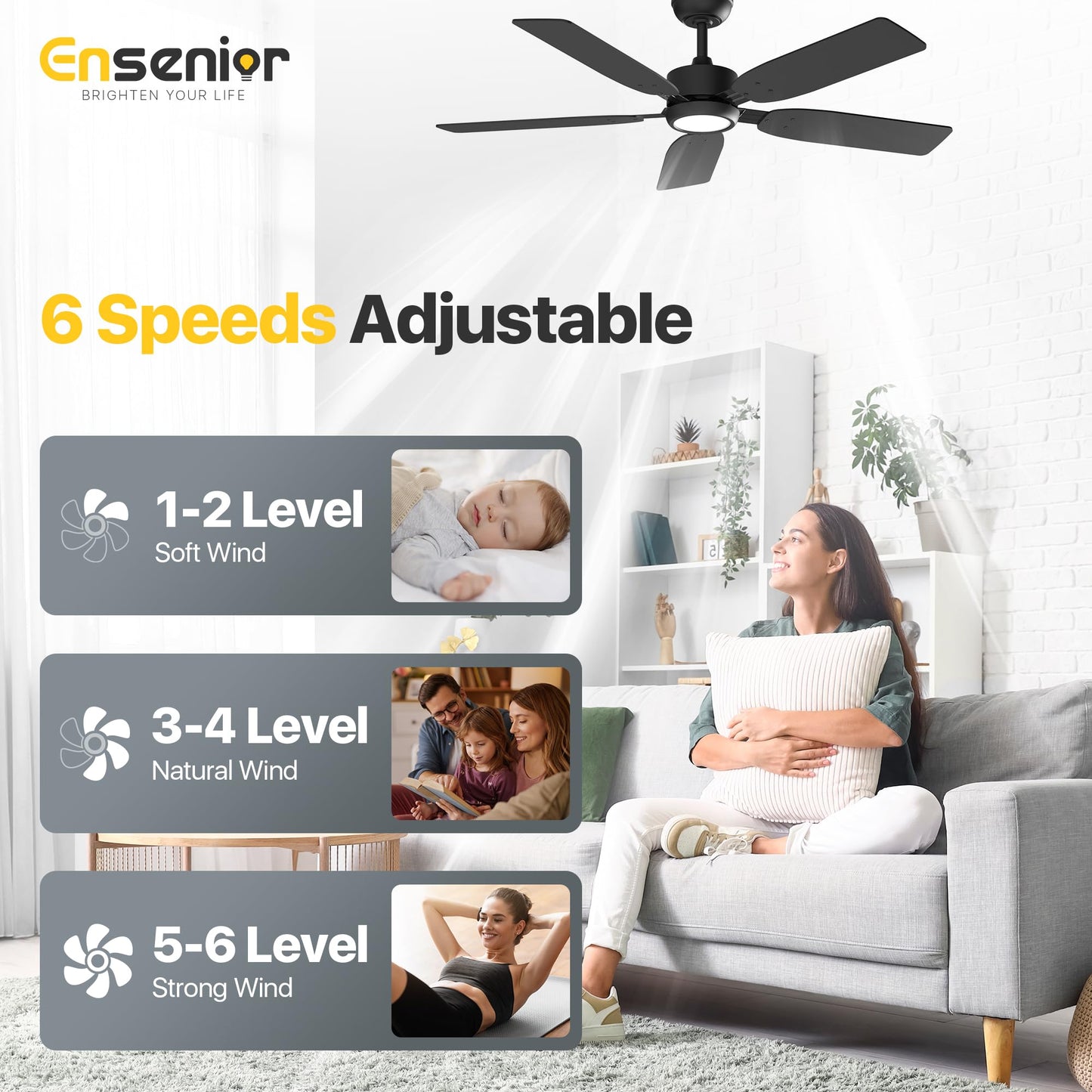 Ensenior 52 inch ceiling fan with light and remote, Noiseless Reversible DC Motor Fandelier Ceiling Fan, 6 Speeds, 3CCT, Black Modern Ceiling Fan for Bedroom and Living Room, 5 Dual-Finish Blades